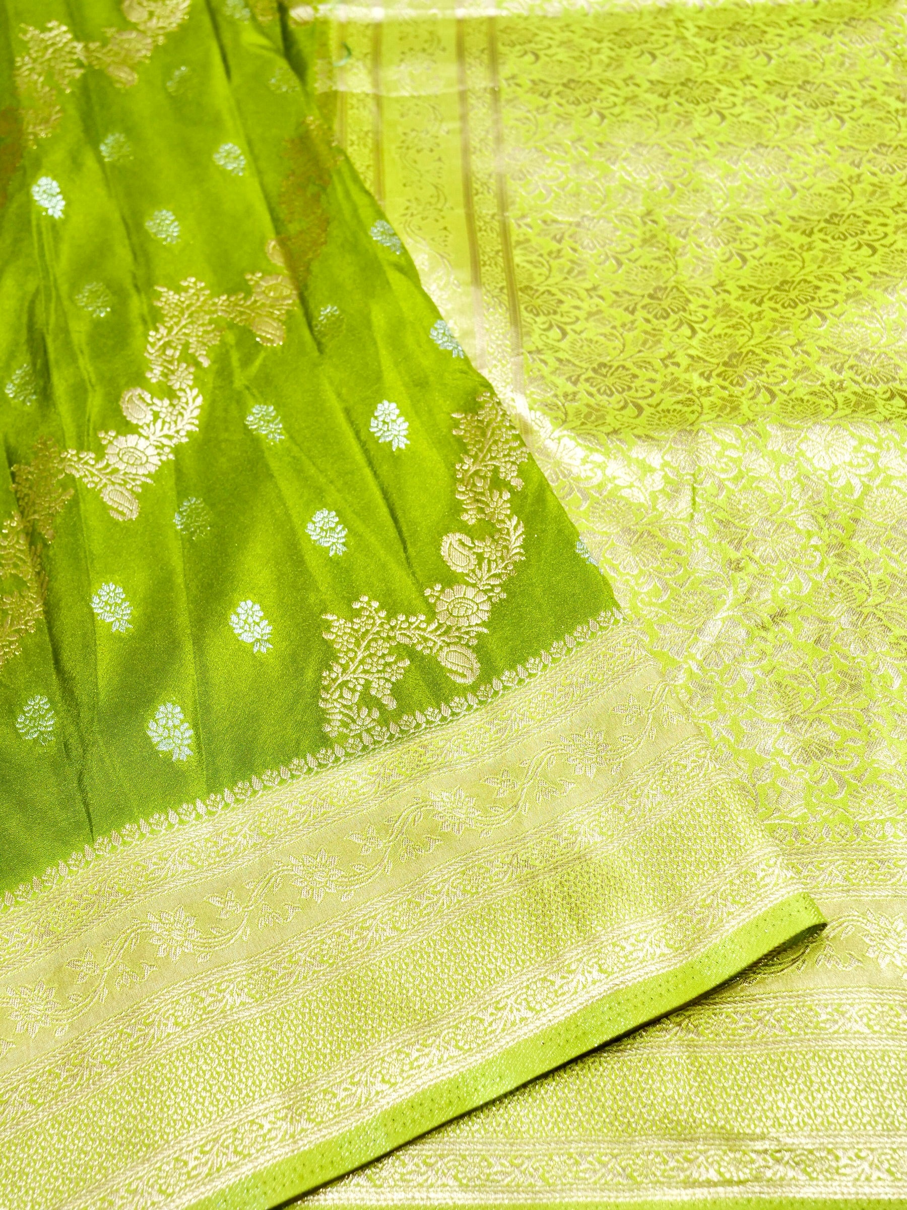 Olive Green Crepe Georgette Silk Saree with Champagne Gold Border
