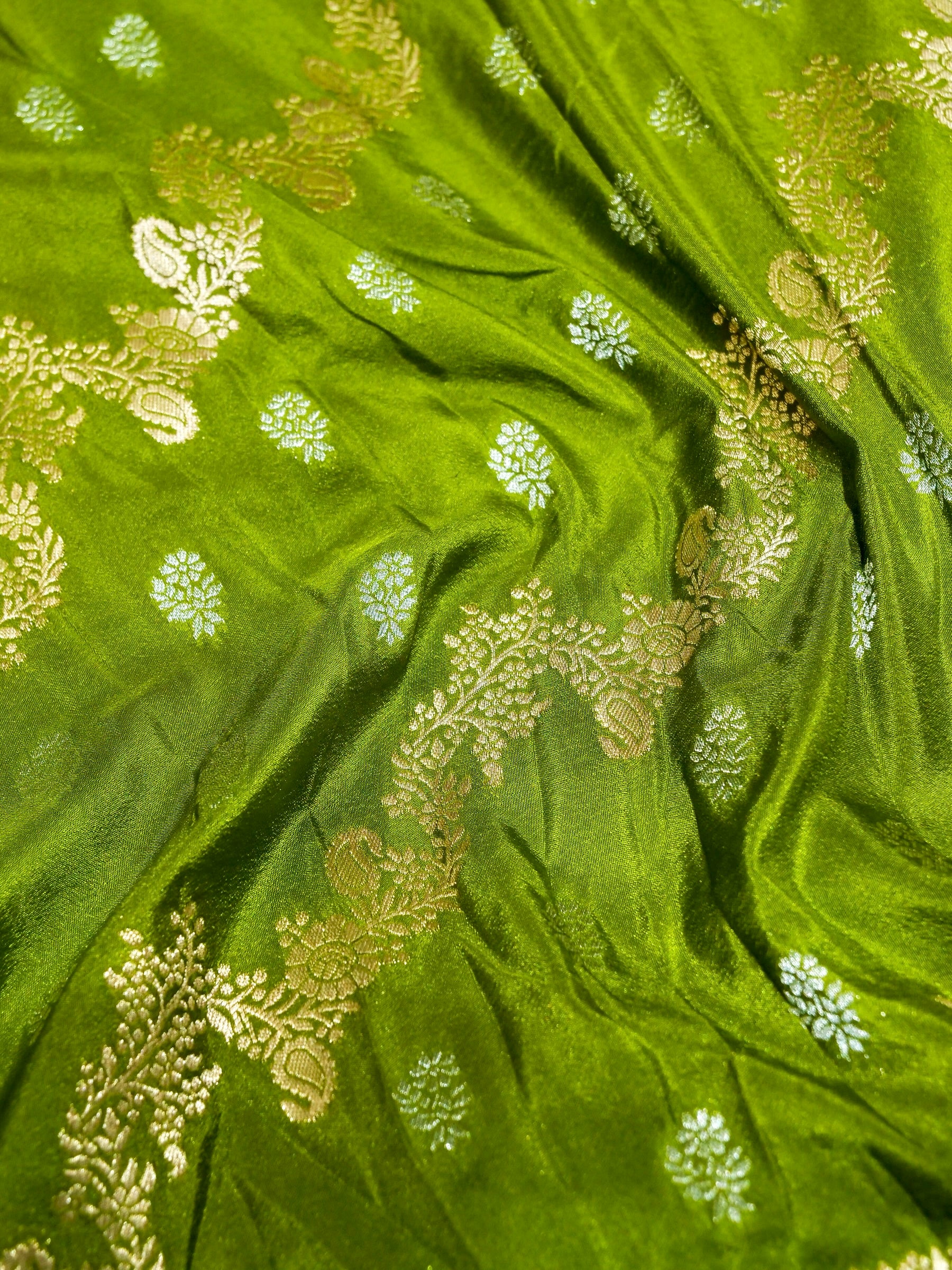 Olive Green Crepe Georgette Silk Saree with Champagne Gold Border