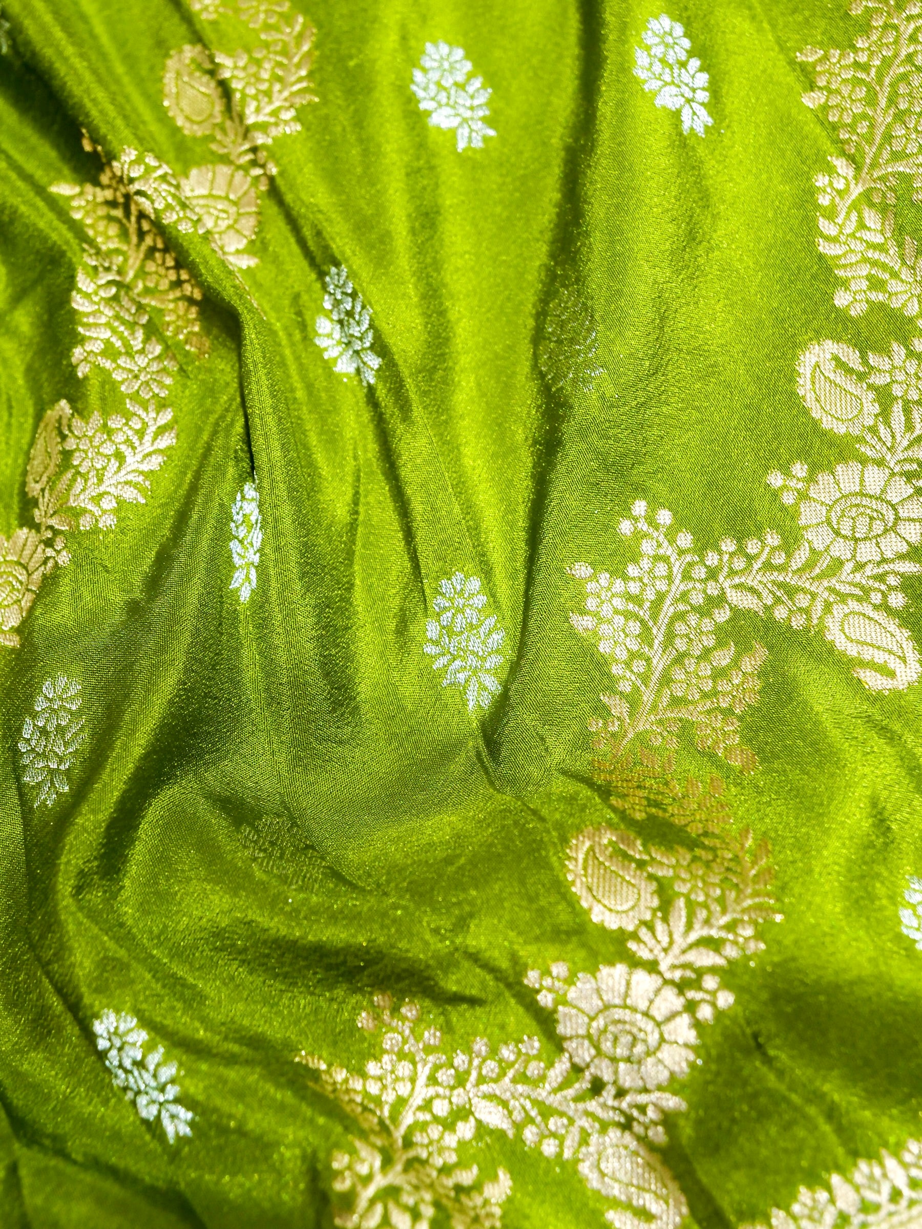 Olive Green Crepe Georgette Silk Saree with Champagne Gold Border