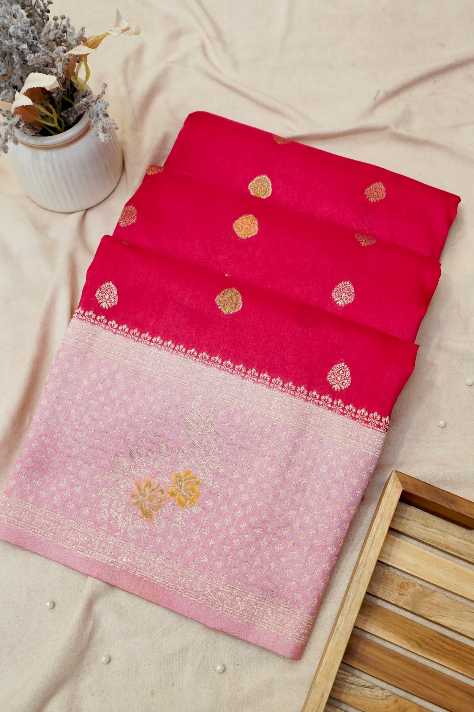 Radish Red Crepe Georgette Silk Saree with Light Pink Border