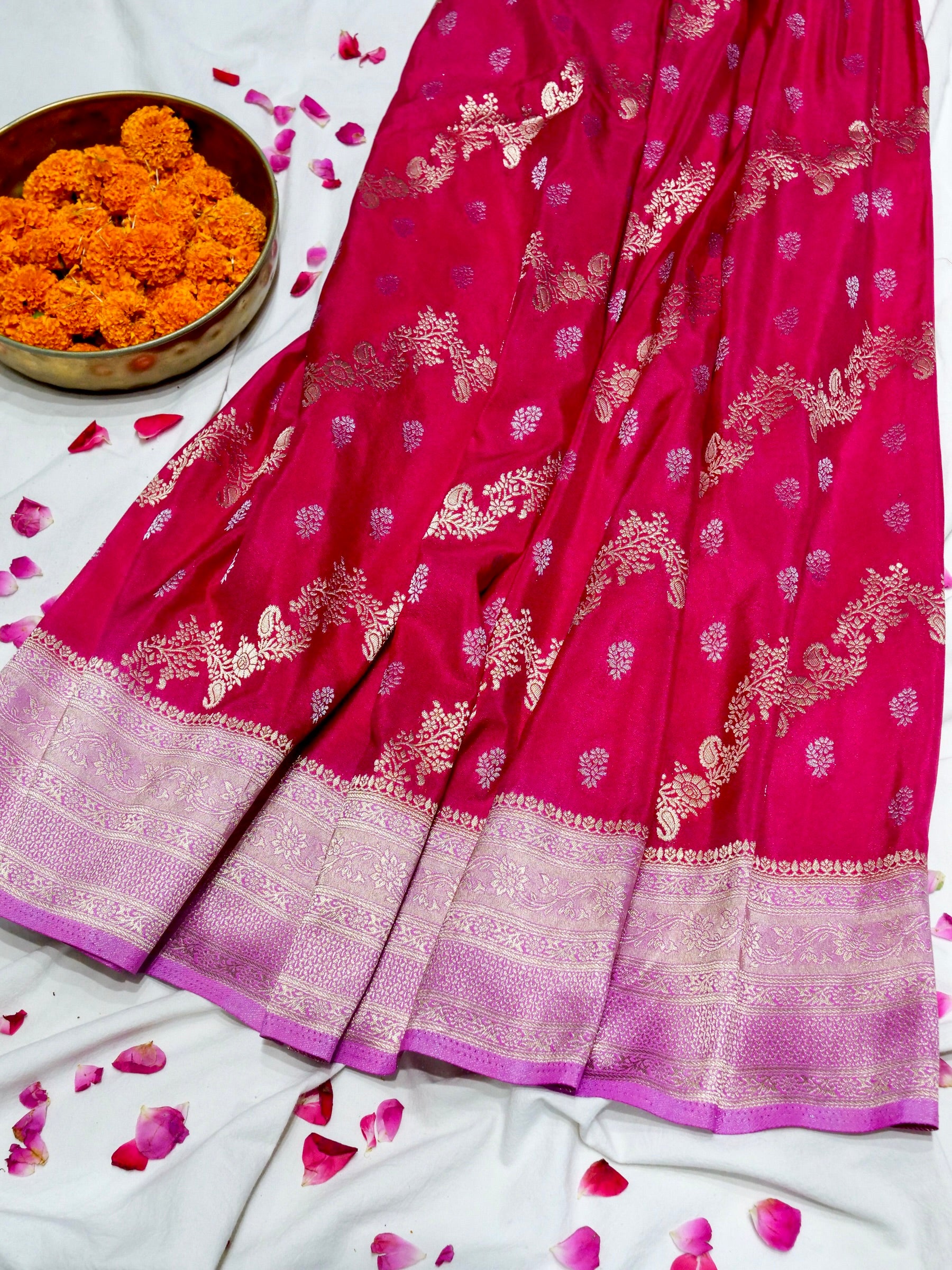 Rani Pink Crepe Georgette Silk Saree with Lilac Pink Border