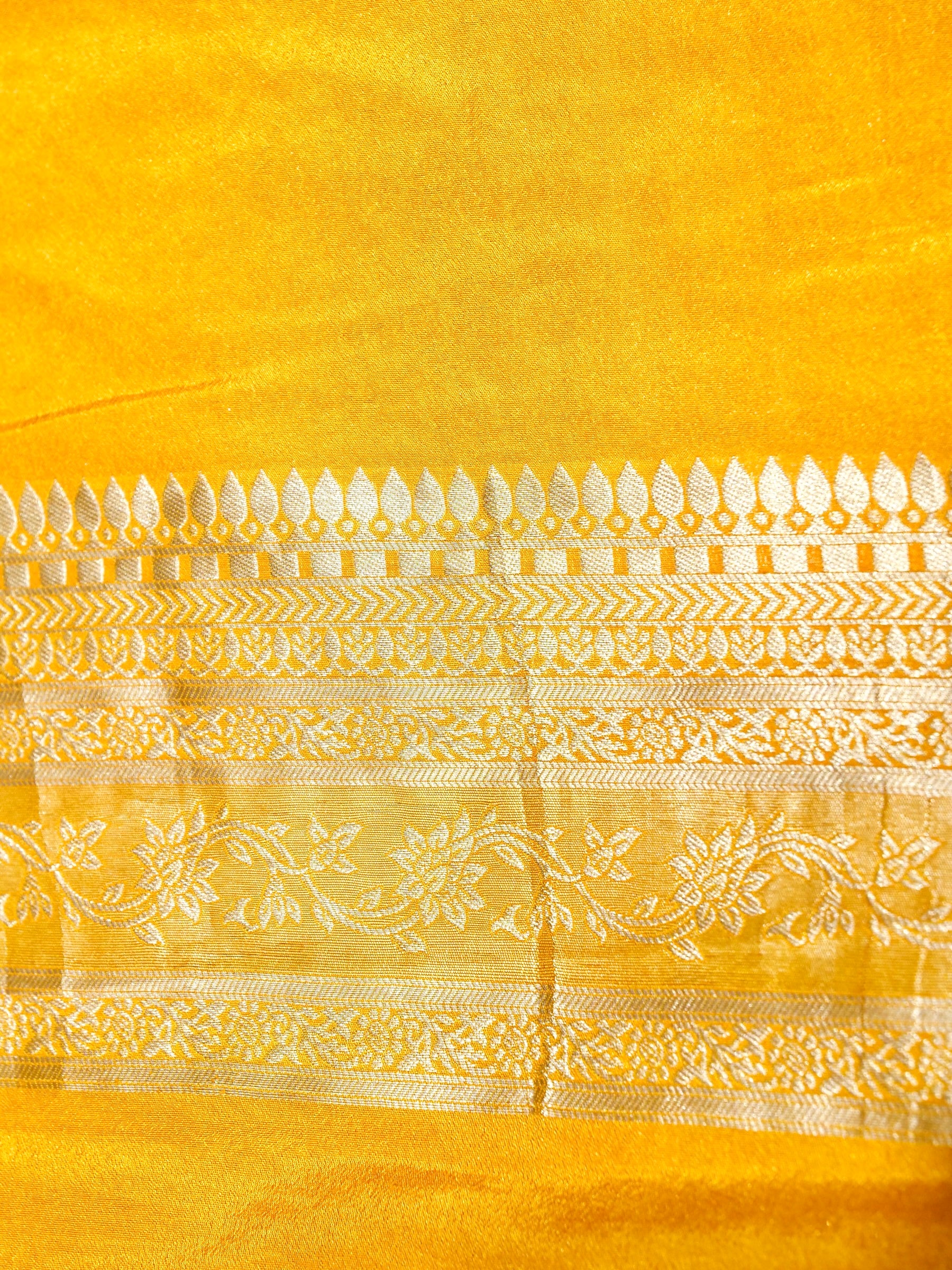 Burnt Orange Crepe Georgette Silk Saree with Yellow and Champagne Gold Border