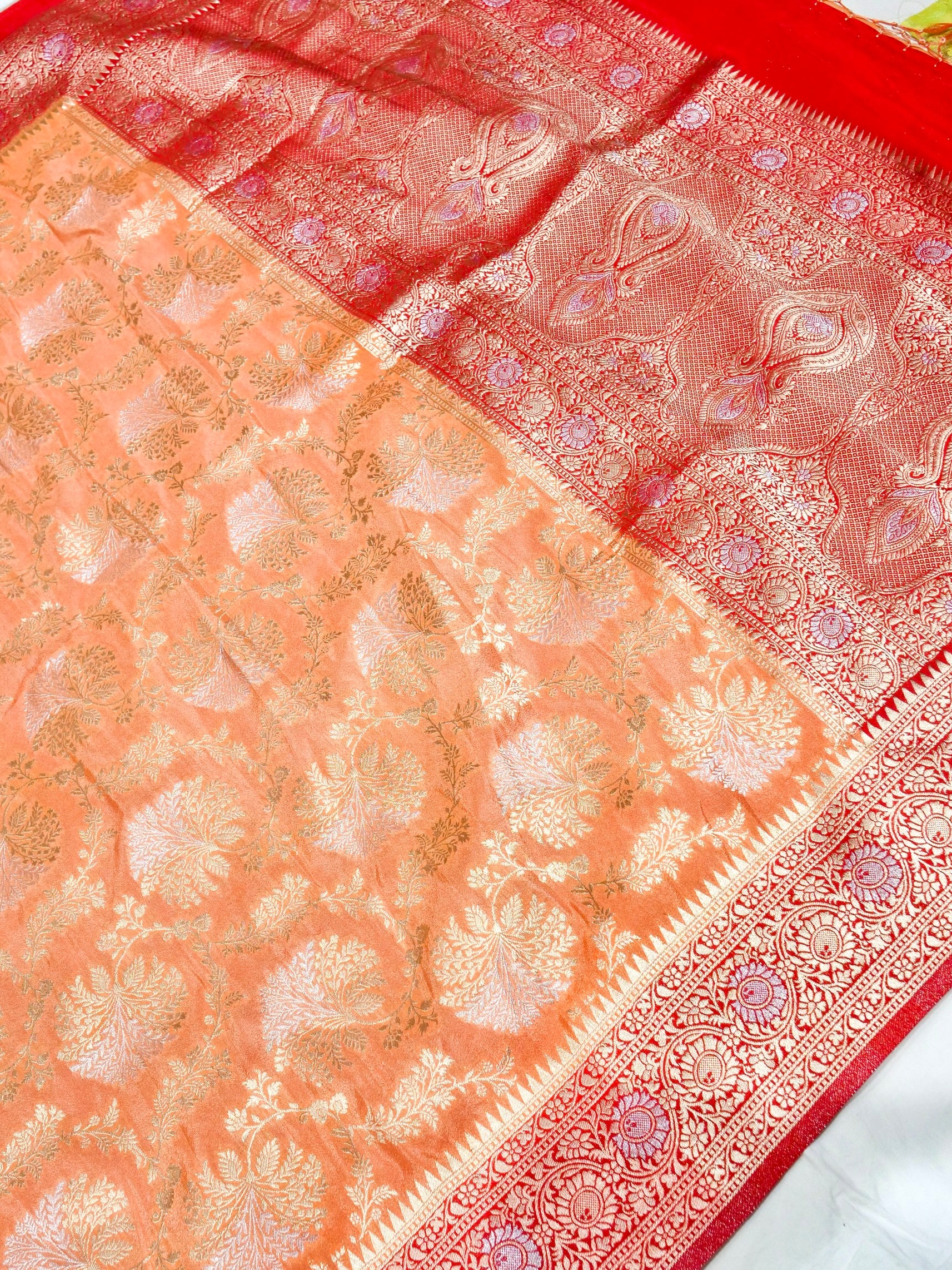 Peach Crepe Georgette Silk Saree with Coral Red Border