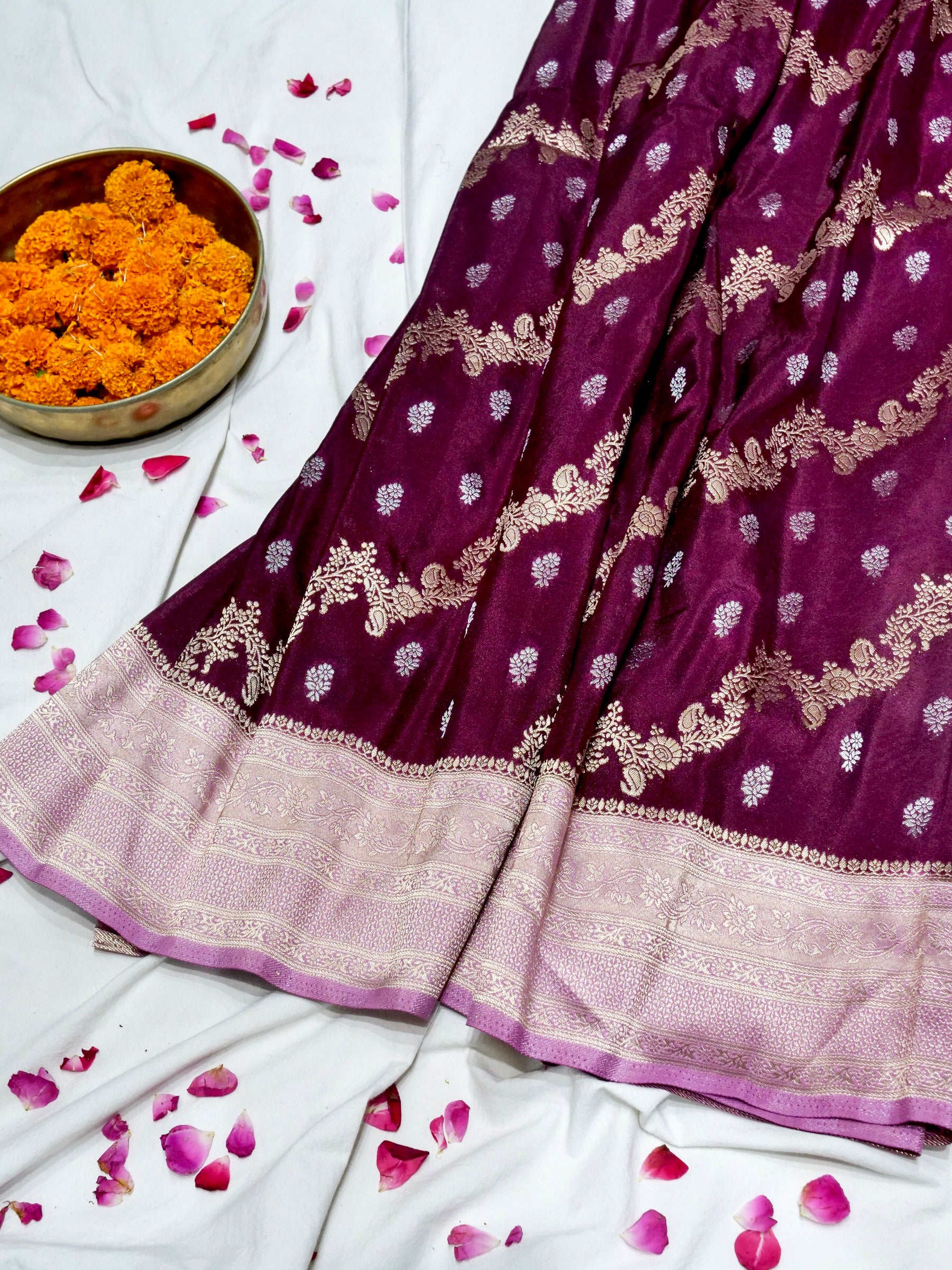 Deep Berry Plum Crepe Georgette Silk Saree with Baby Pink Border
