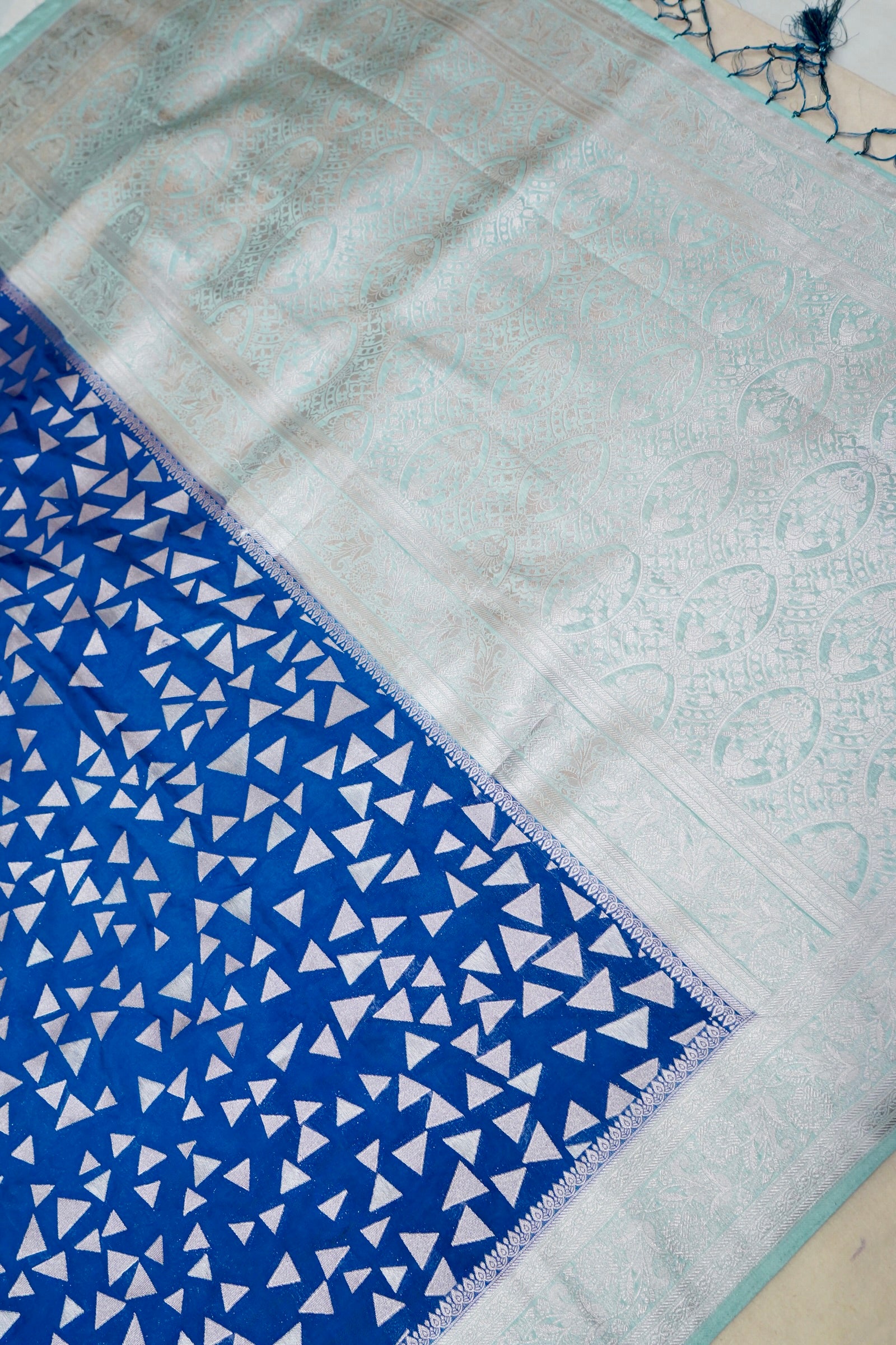 Royal Blue Crepe Georgette Silk Saree with Silver Border