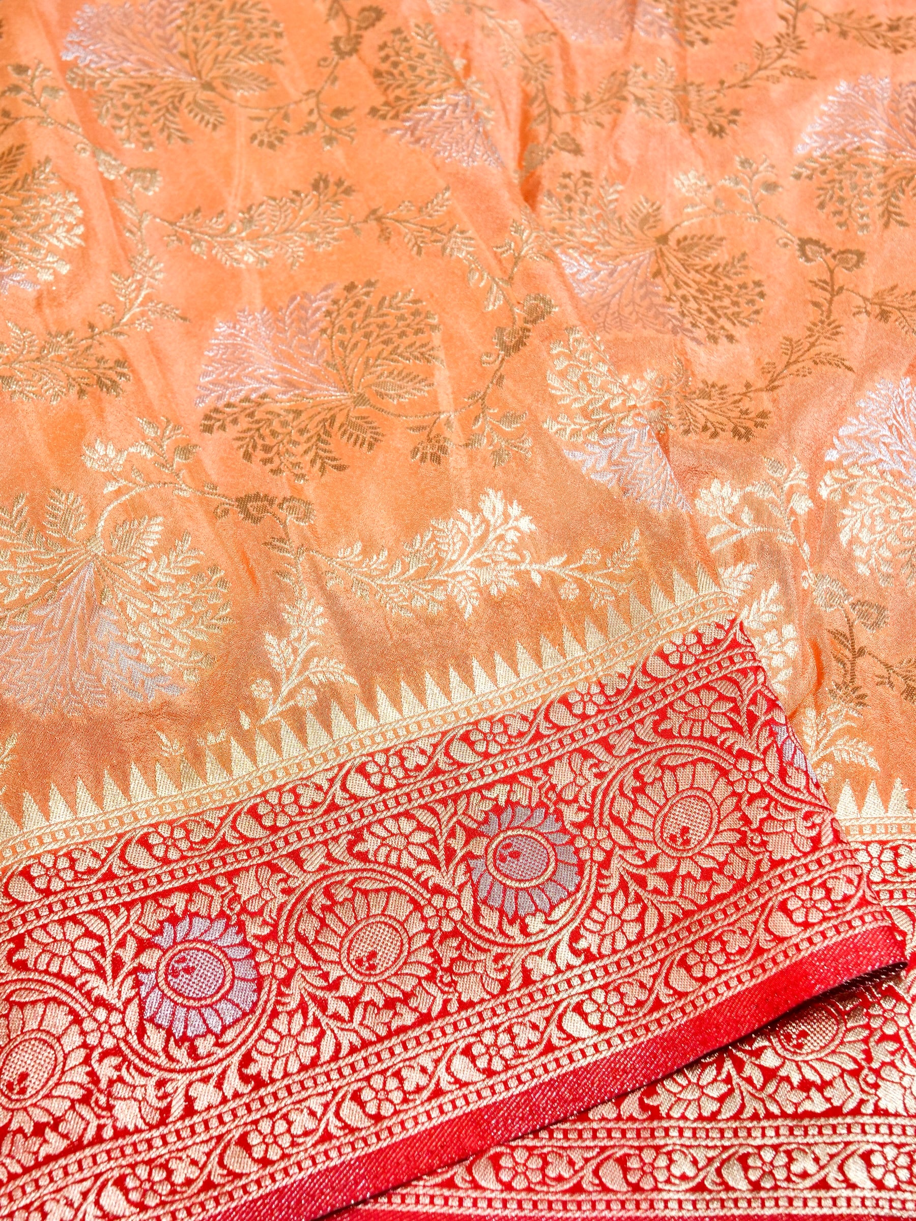 Peach Crepe Georgette Silk Saree with Coral Red Border
