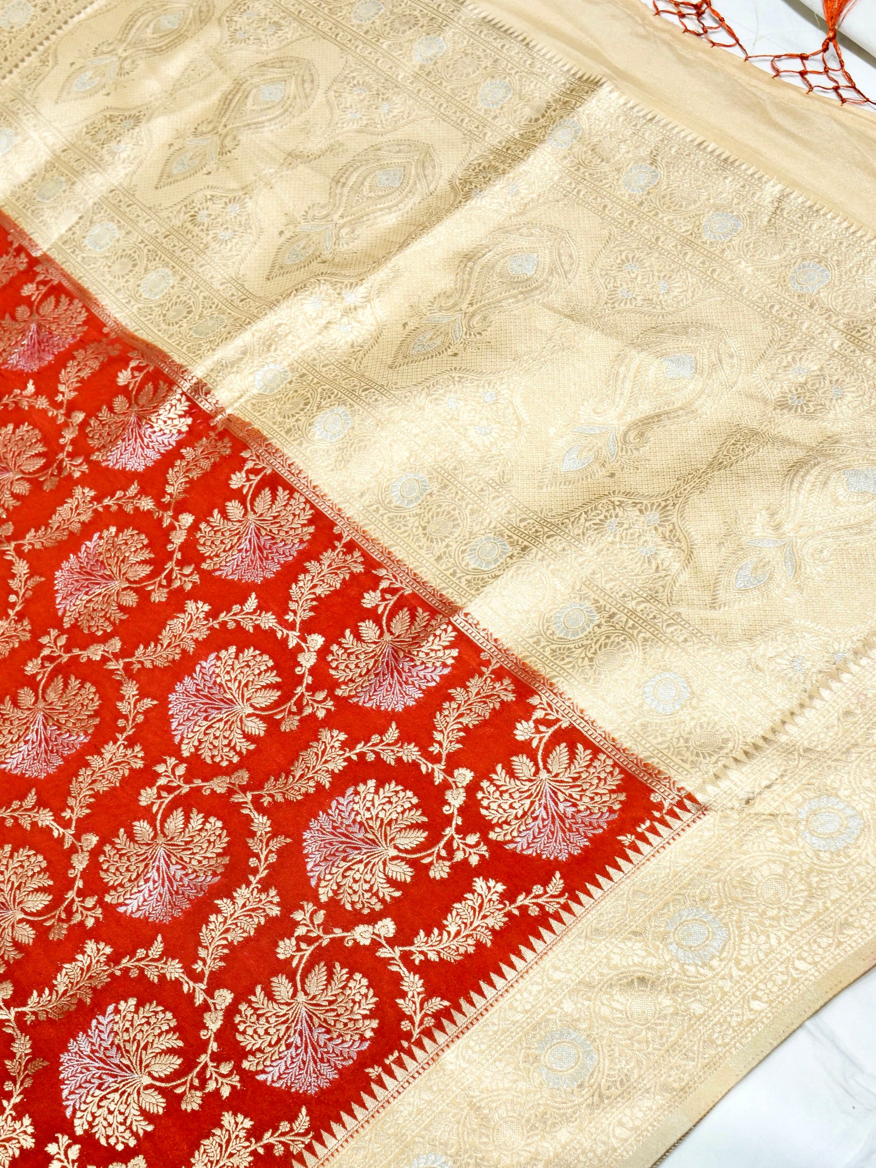 Brick Red Crepe Georgette Silk Saree with Champagne Gold Border