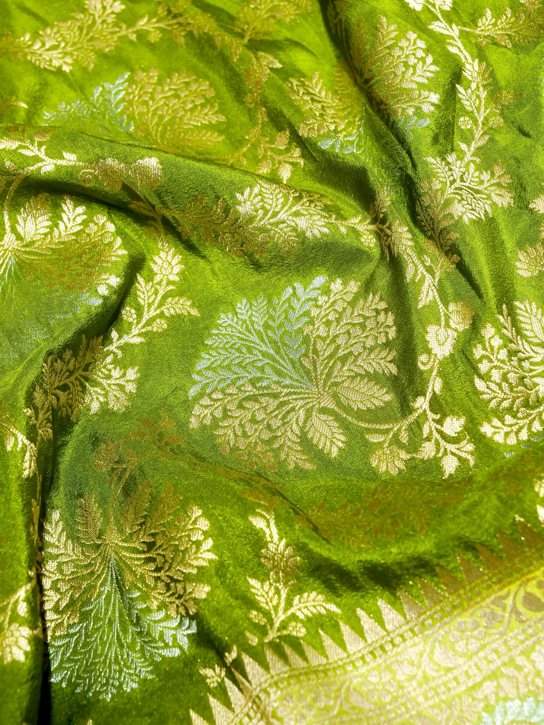 Parrot Green Crepe Georgette Silk Saree with Lime Gold Border