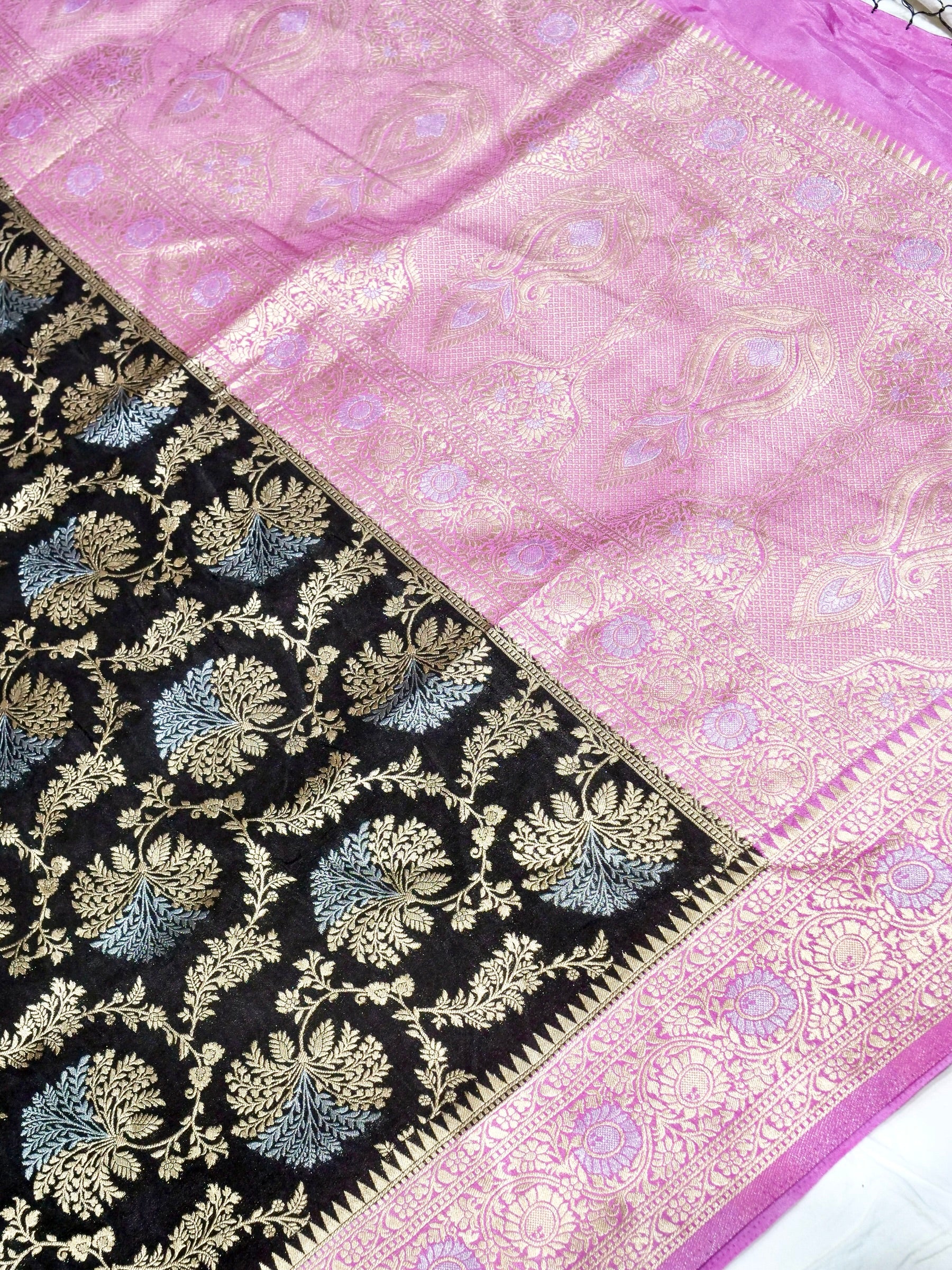 Jet Black Crepe Georgette Silk Saree with Lilac Pink Border