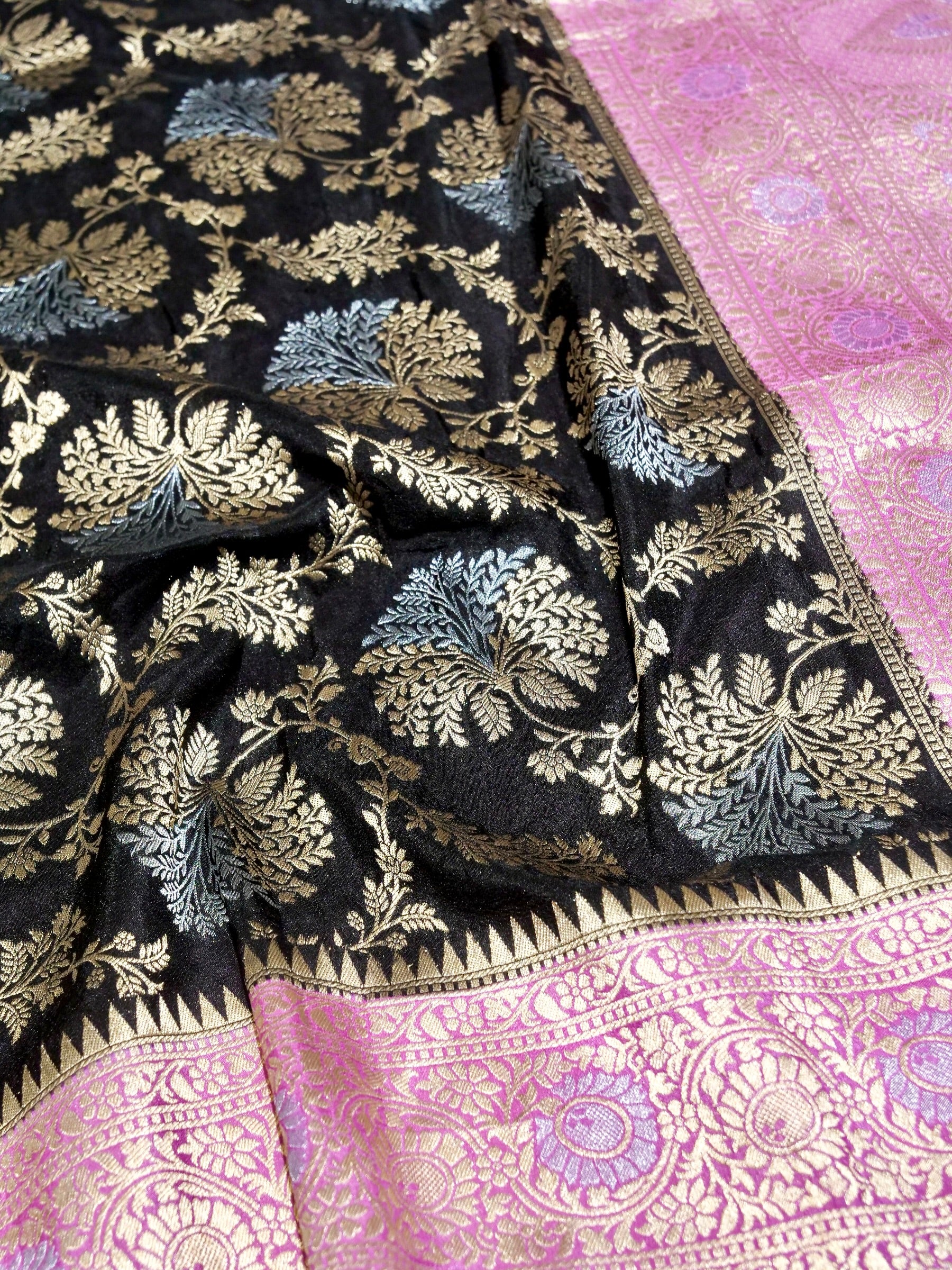 Jet Black Crepe Georgette Silk Saree with Lilac Pink Border