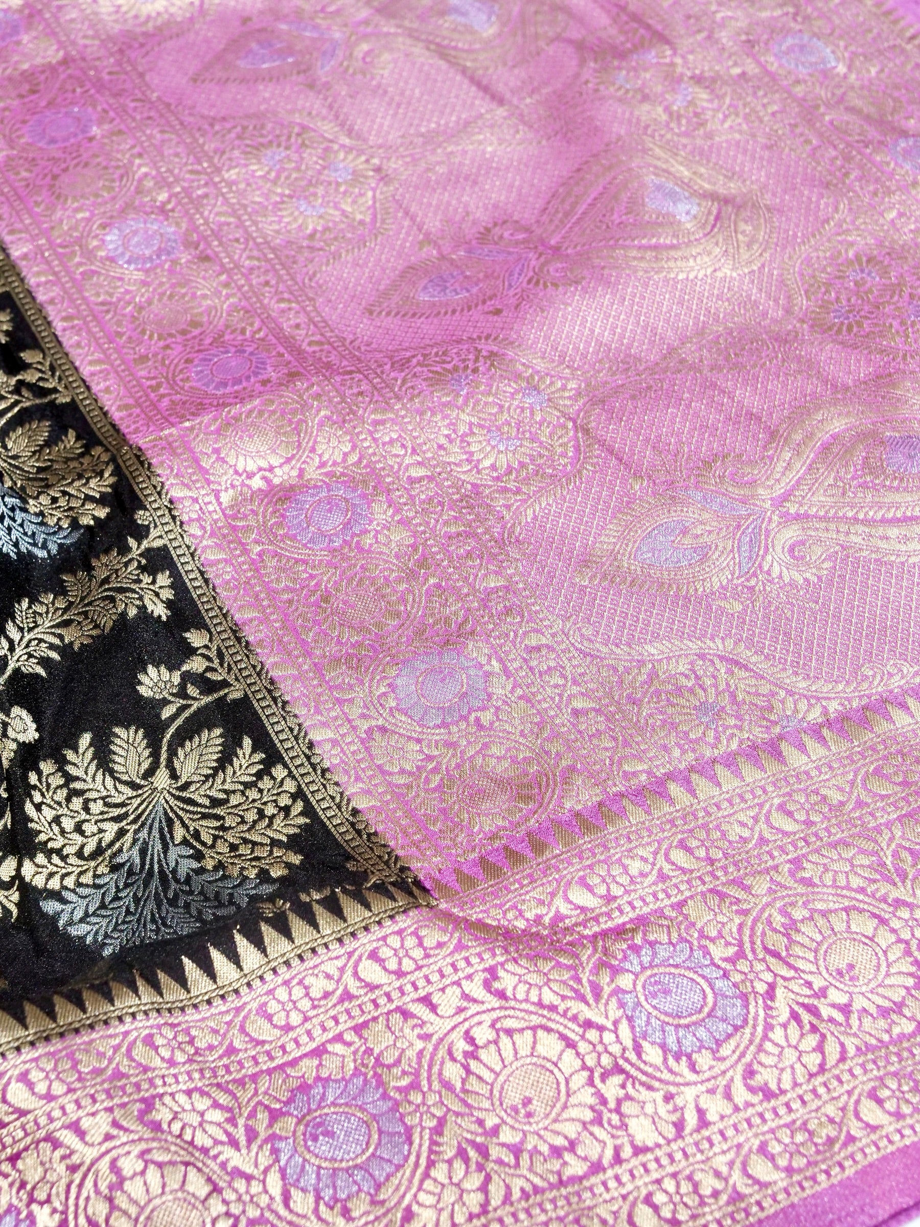 Jet Black Crepe Georgette Silk Saree with Lilac Pink Border