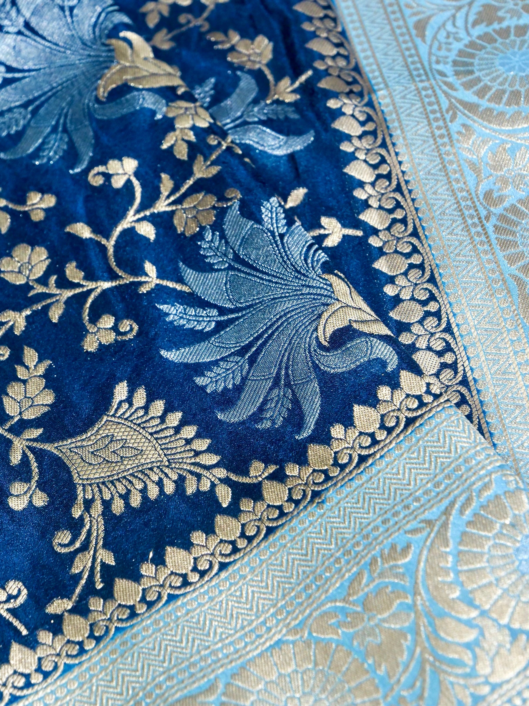 Midnight Navy Blue Crepe Georgette Silk Saree with Powder Blue Border