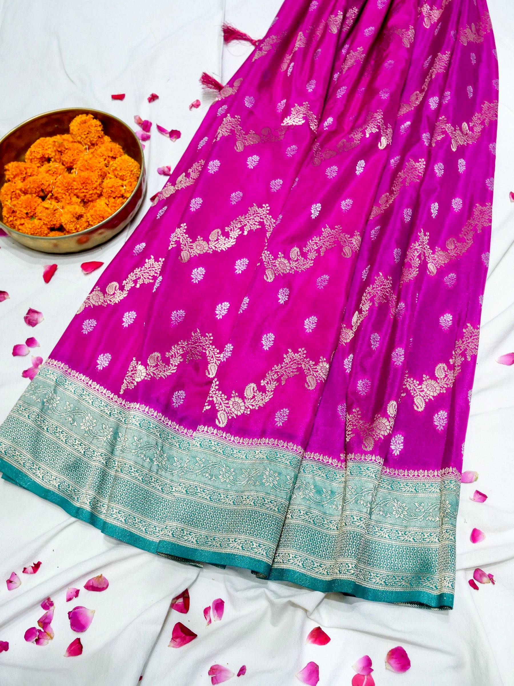 Electric Fuchsia Pink Crepe Georgette Silk Saree with Turquoise Blue Border