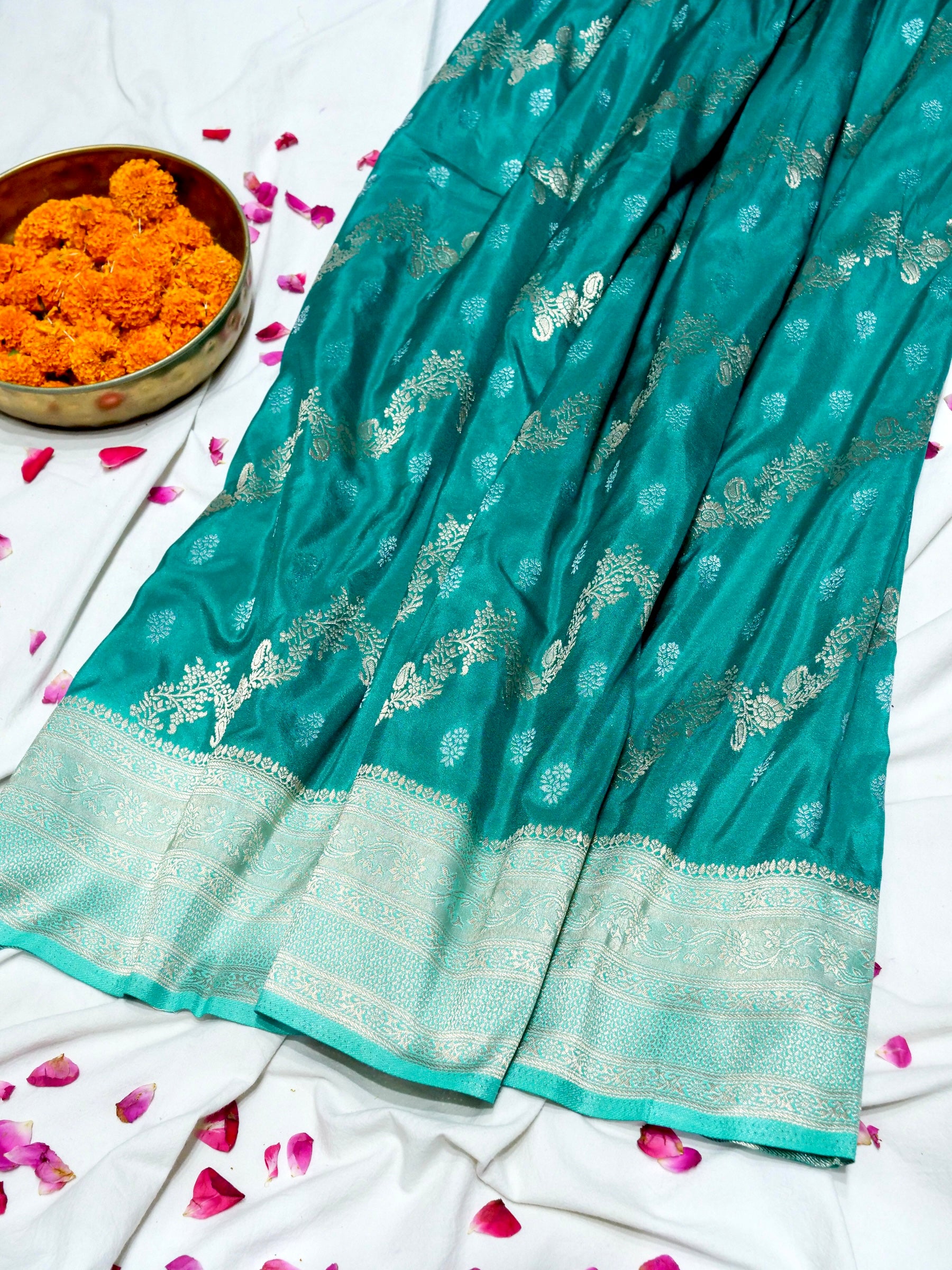 Teal Green Crepe Georgette Silk Saree with Champagne Gold Border