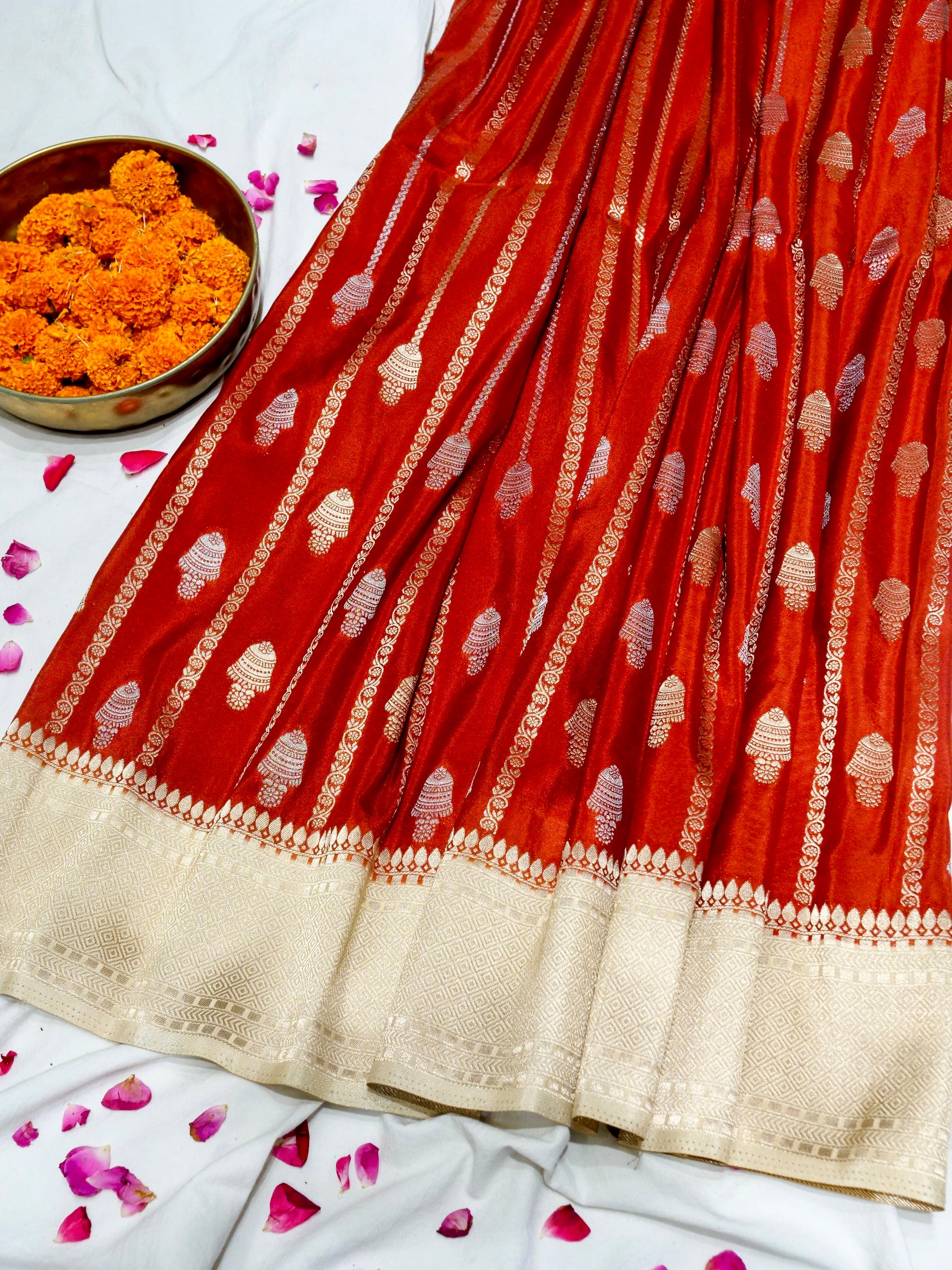 Vermilion Red Crepe Georgette Silk Saree with Ivory Gold Border