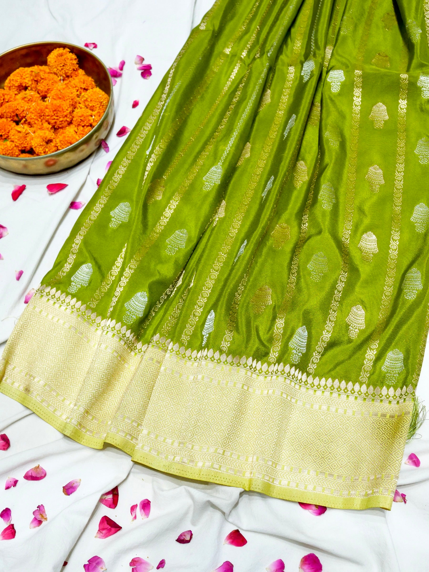 Parrot Green Crepe Georgette Silk Saree with Pale Gold Border