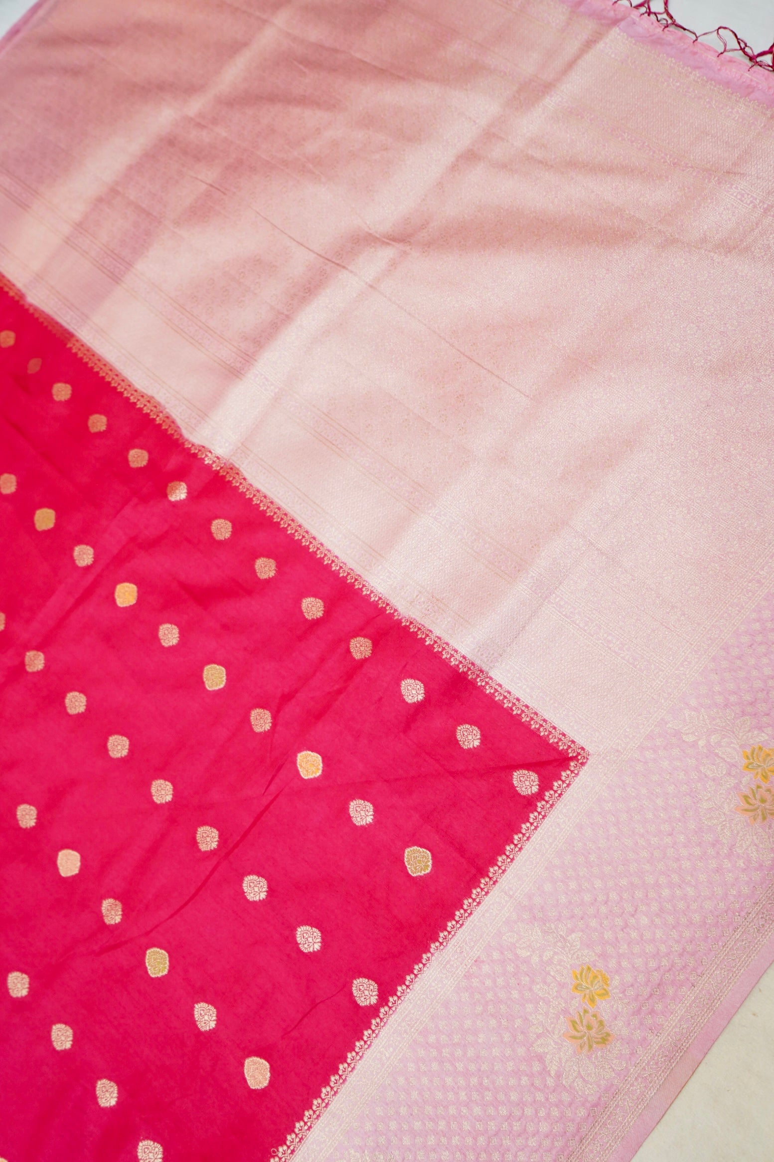 Radish Red Crepe Georgette Silk Saree with Light Pink Border