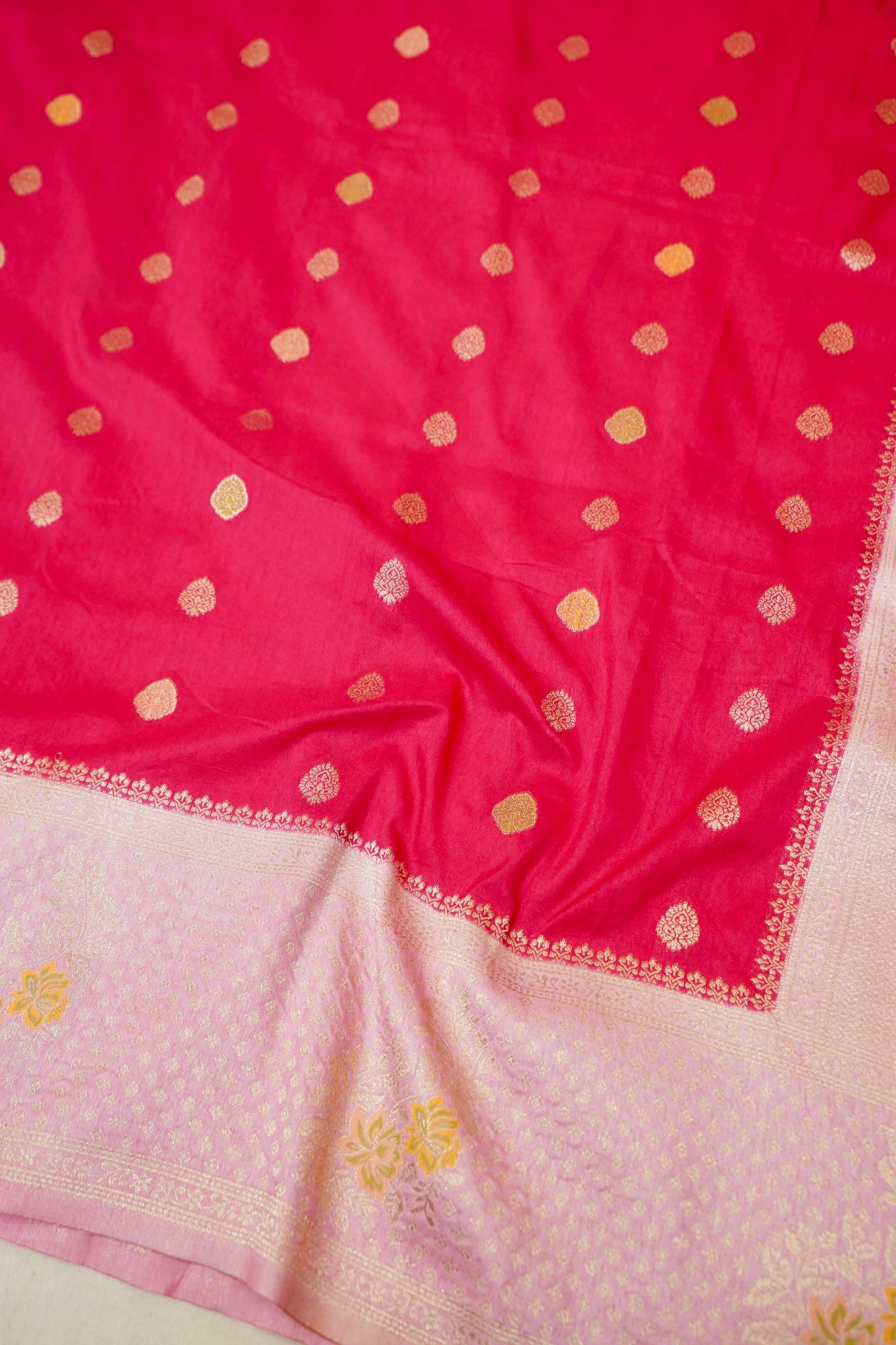 Radish Red Crepe Georgette Silk Saree with Light Pink Border