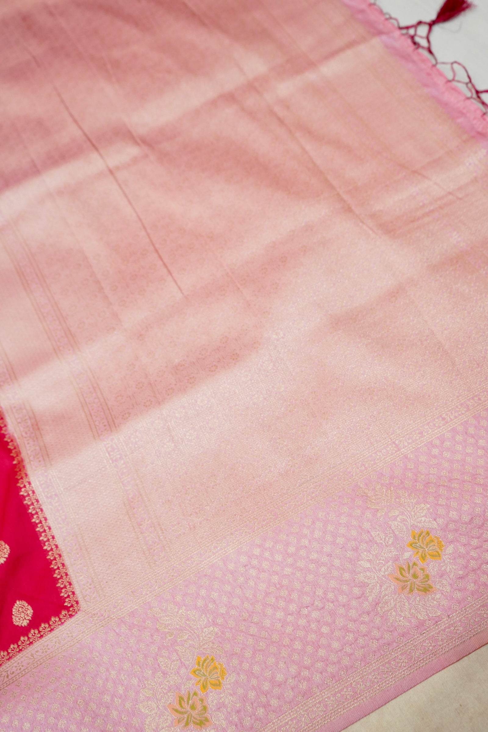 Radish Red Crepe Georgette Silk Saree with Light Pink Border