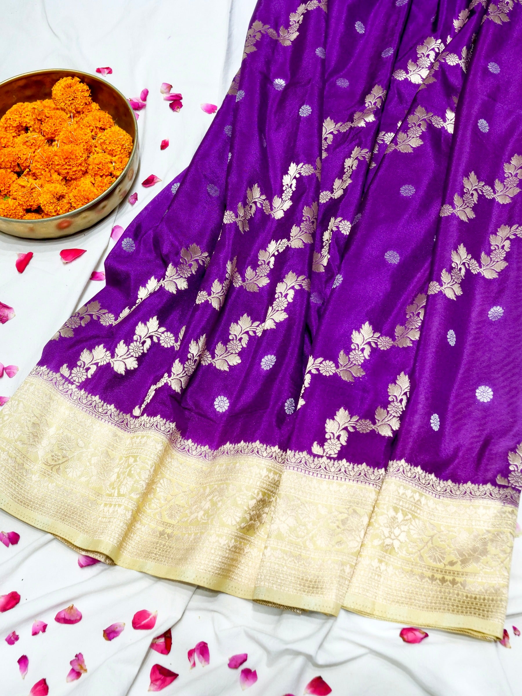 Vibrant Violet Crepe Georgette Silk Saree with Champagne Gold Border