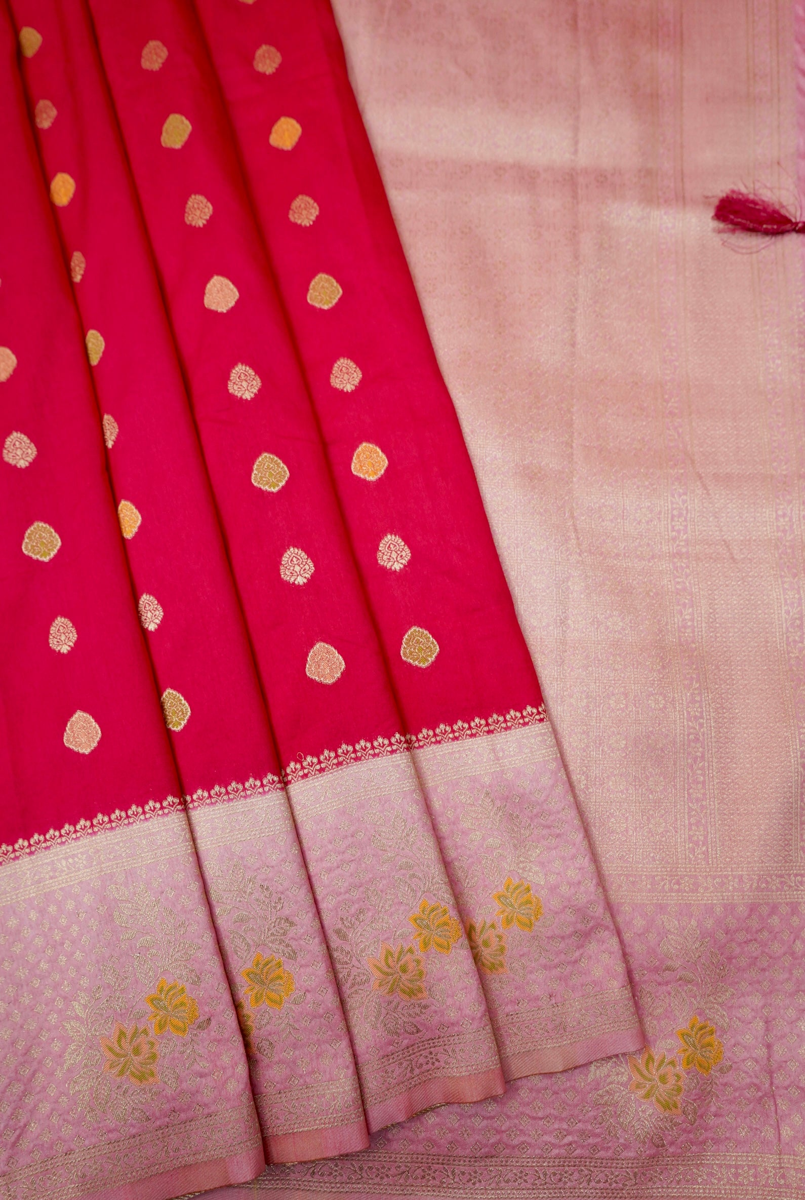 Radish Red Crepe Georgette Silk Saree with Light Pink Border