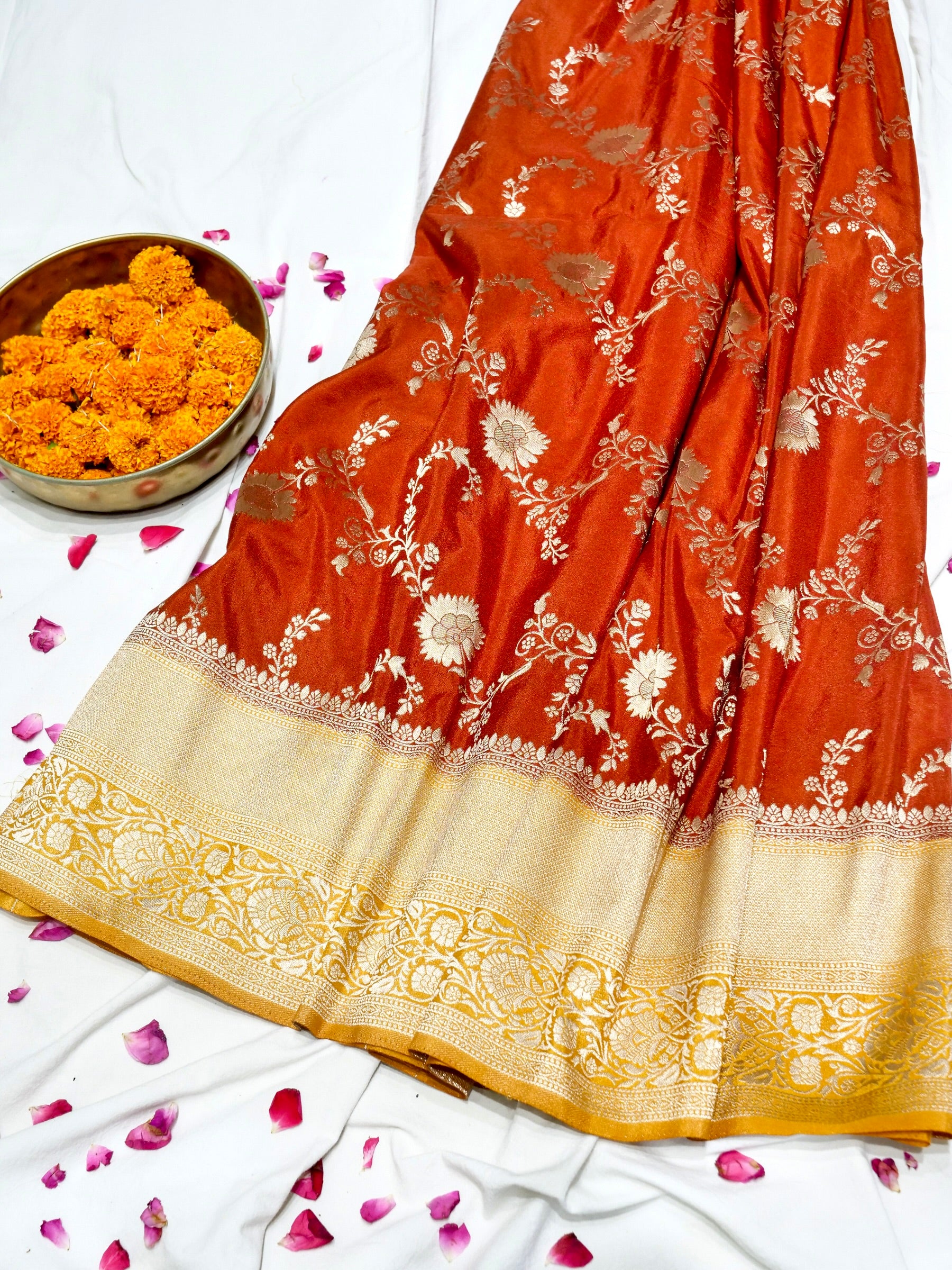 Burnt Orange Crepe Georgette Silk Saree with Mustard Gold Border