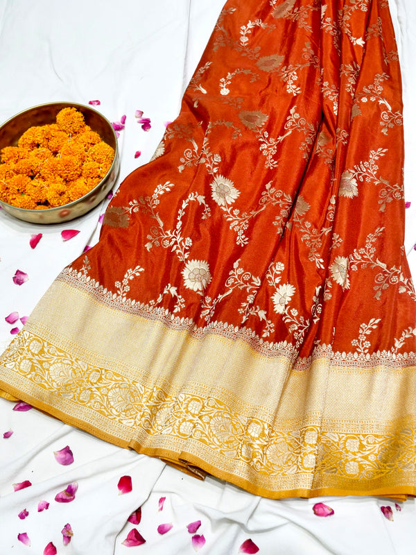 Burnt Orange Crepe Georgette Silk Saree with Mustard Gold Border