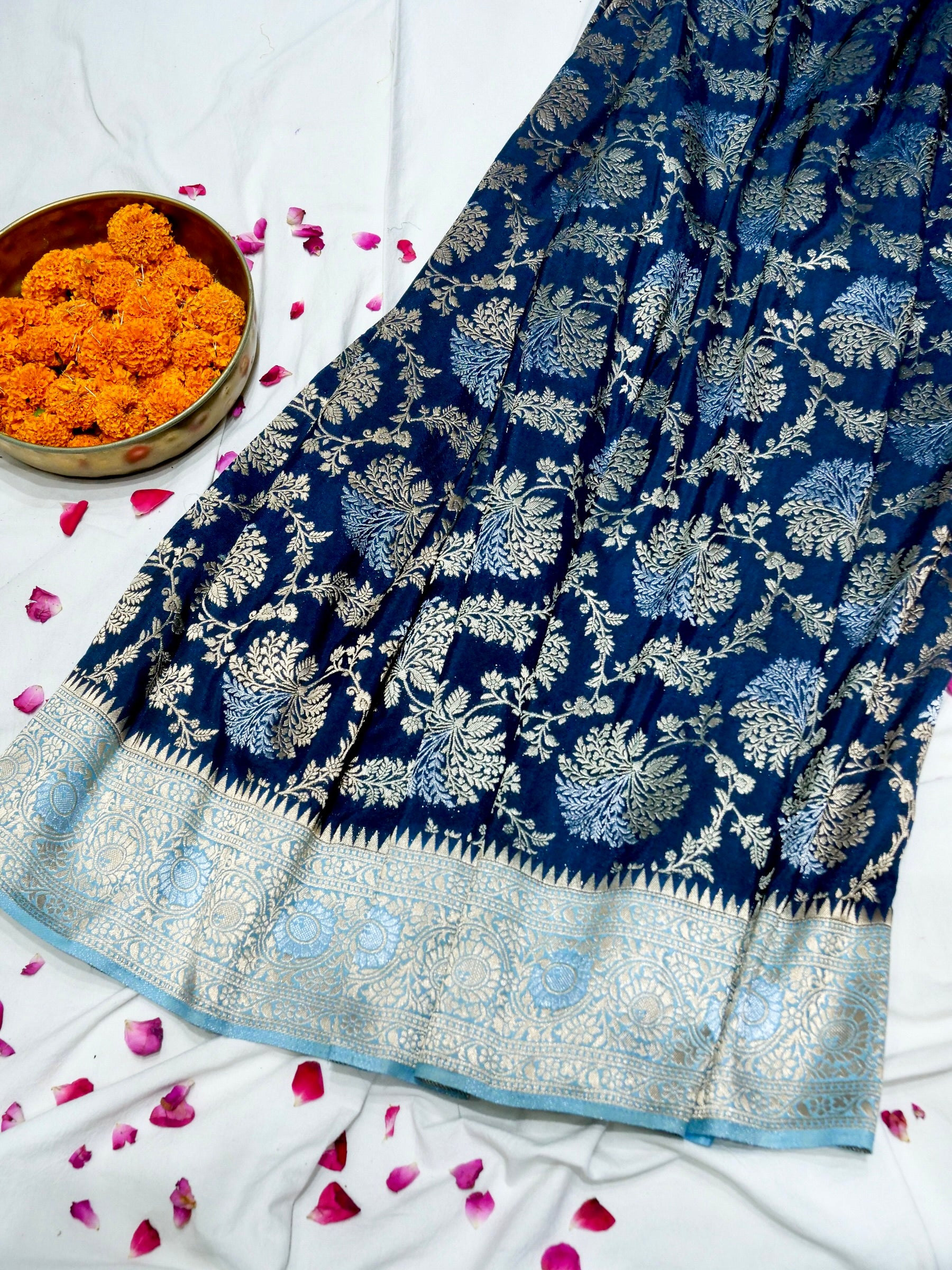Royal Navy Blue Crepe Georgette Silk Saree with Powder Blue and Champagne Gold Border