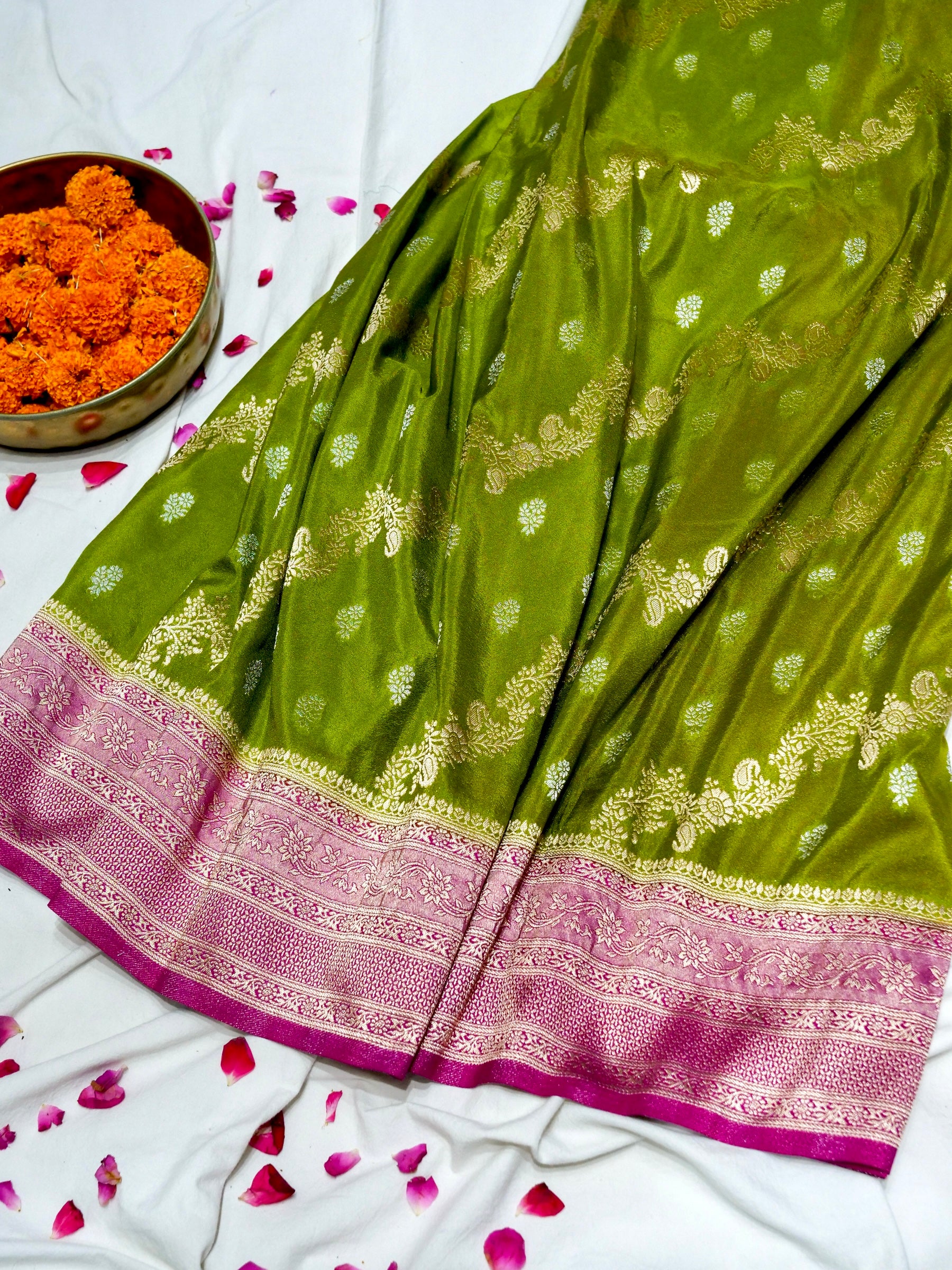 Olive Green Crepe Georgette Silk Saree with Rani Pink and Champagne Gold Border