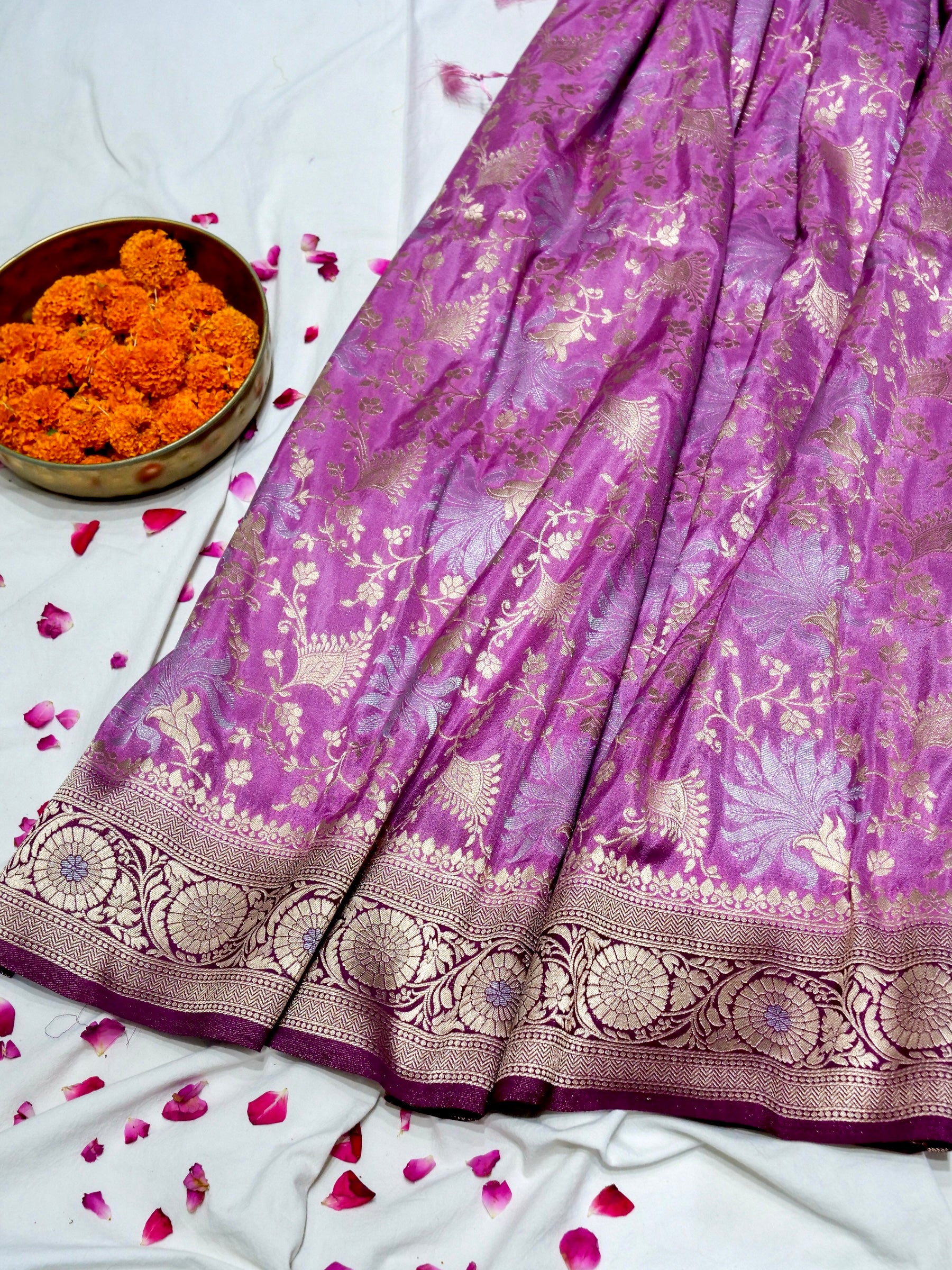 Lavender Pink Crepe Georgette Silk Saree with Purple and Champagne Gold Border