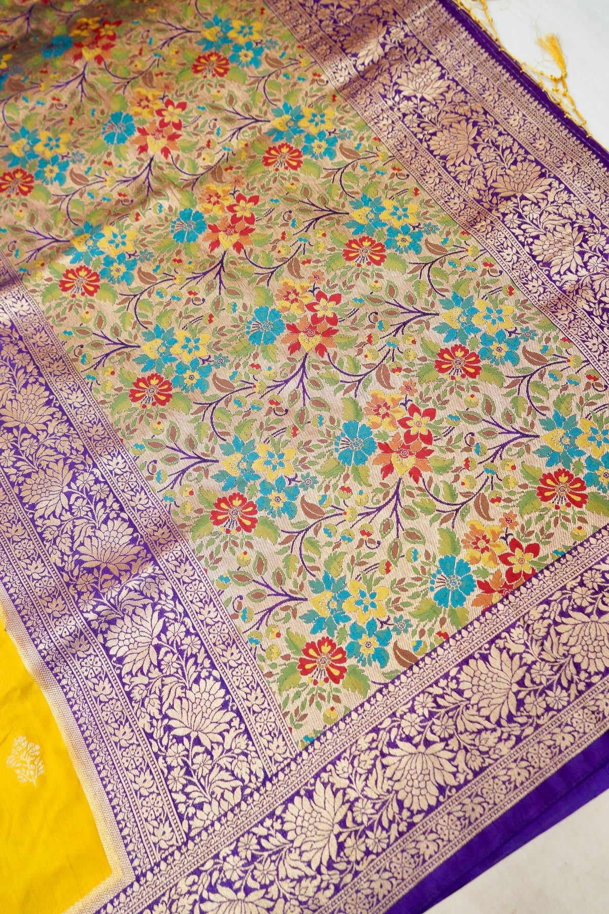 Mustard Yellow Dupion Patola with Purple Border & Heavy Gold Zari