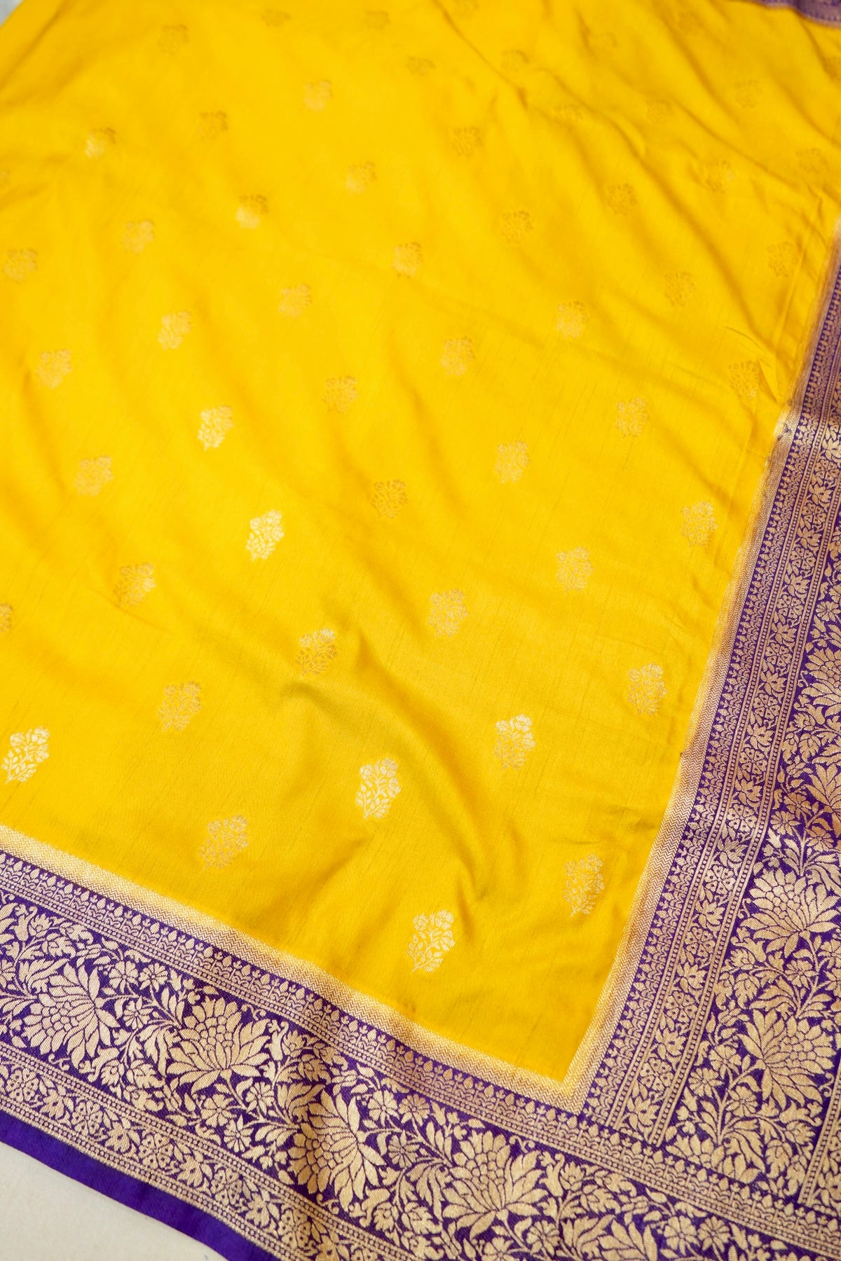 Mustard Yellow Dupion Patola with Purple Border & Heavy Gold Zari