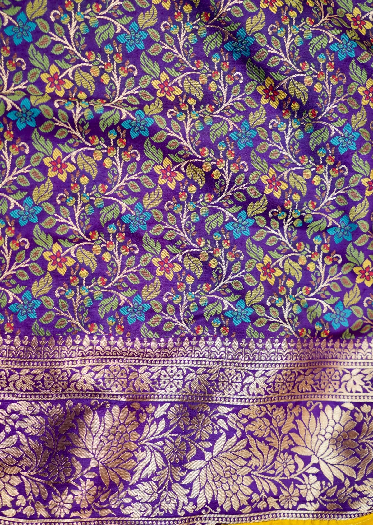 Mustard Yellow Dupion Patola with Purple Border & Heavy Gold Zari