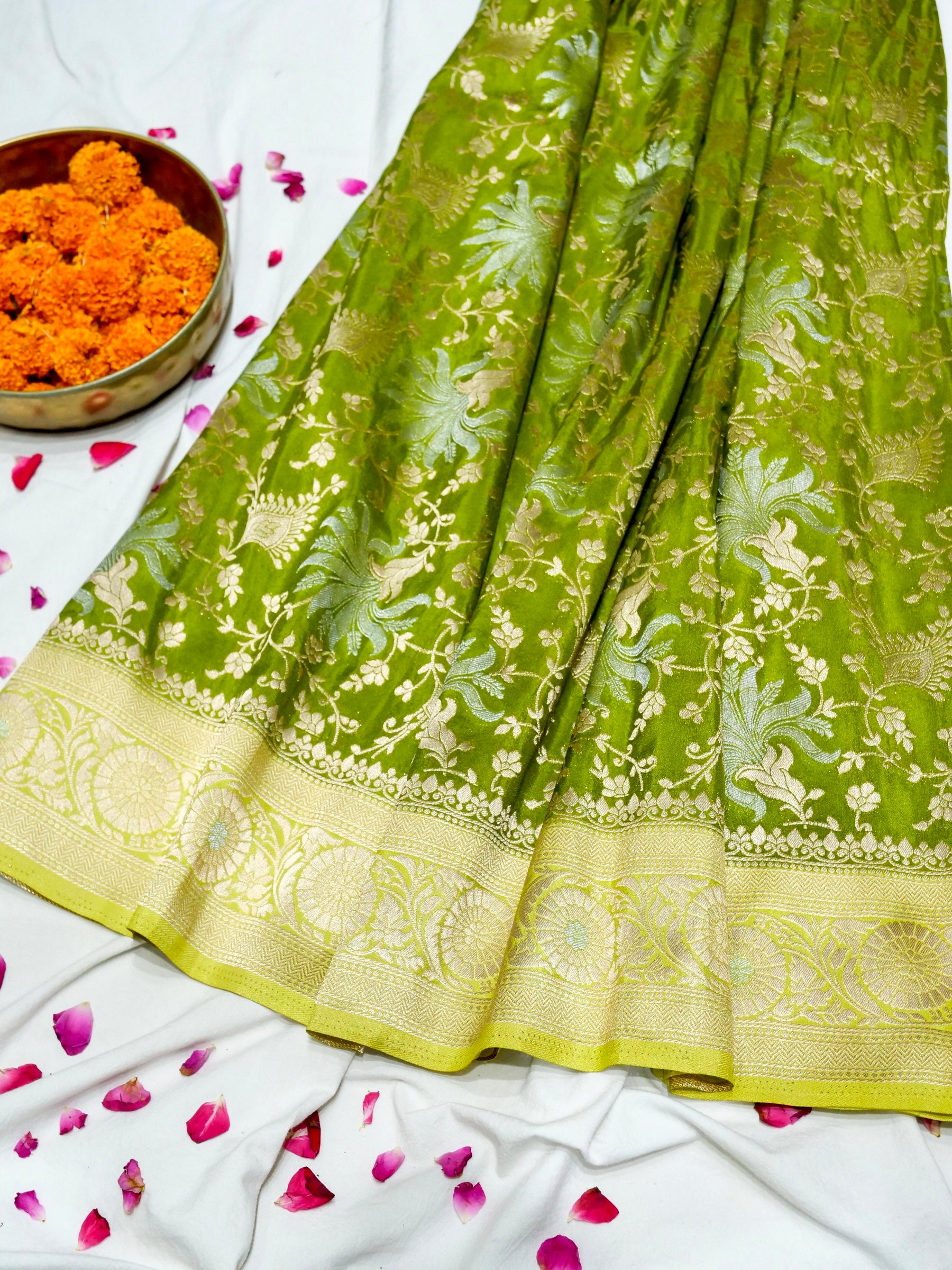 Lime Green Crepe Georgette Silk Saree with Pistachio Green and Champagne Gold Border