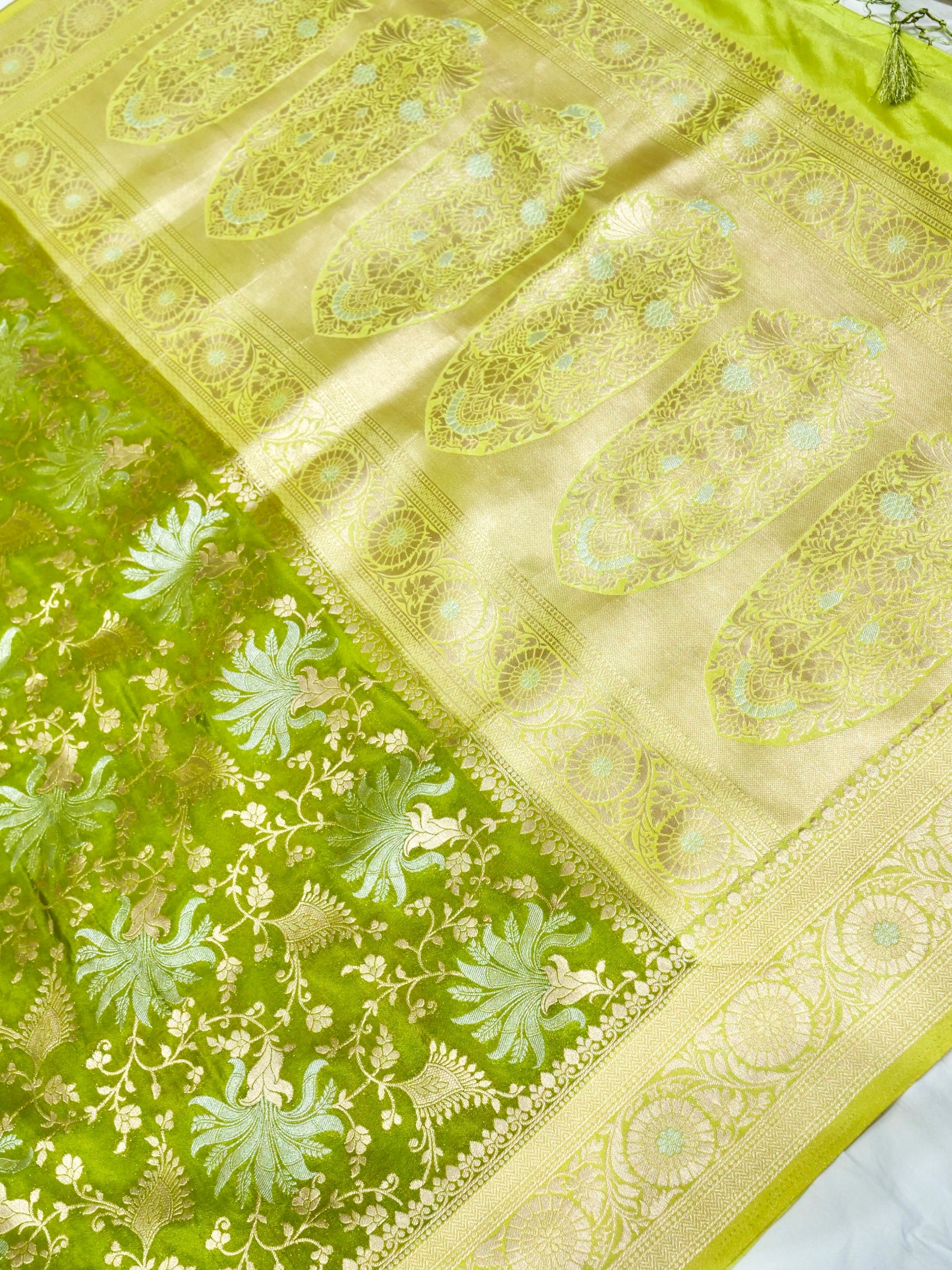 Lime Green Crepe Georgette Silk Saree with Pistachio Green and Champagne Gold Border