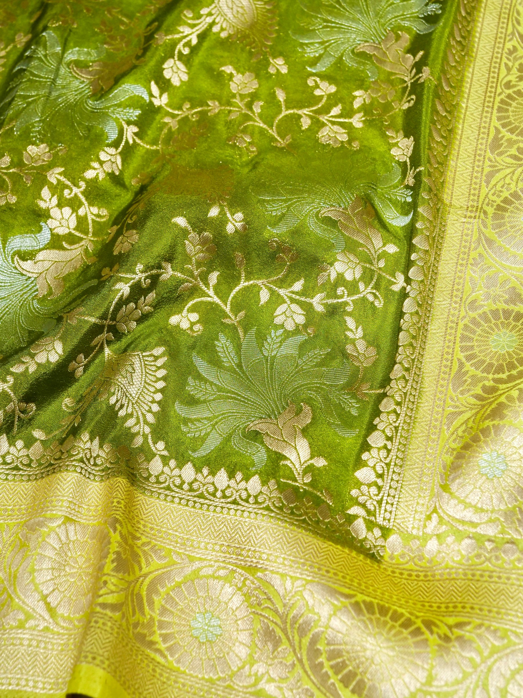 Lime Green Crepe Georgette Silk Saree with Pistachio Green and Champagne Gold Border