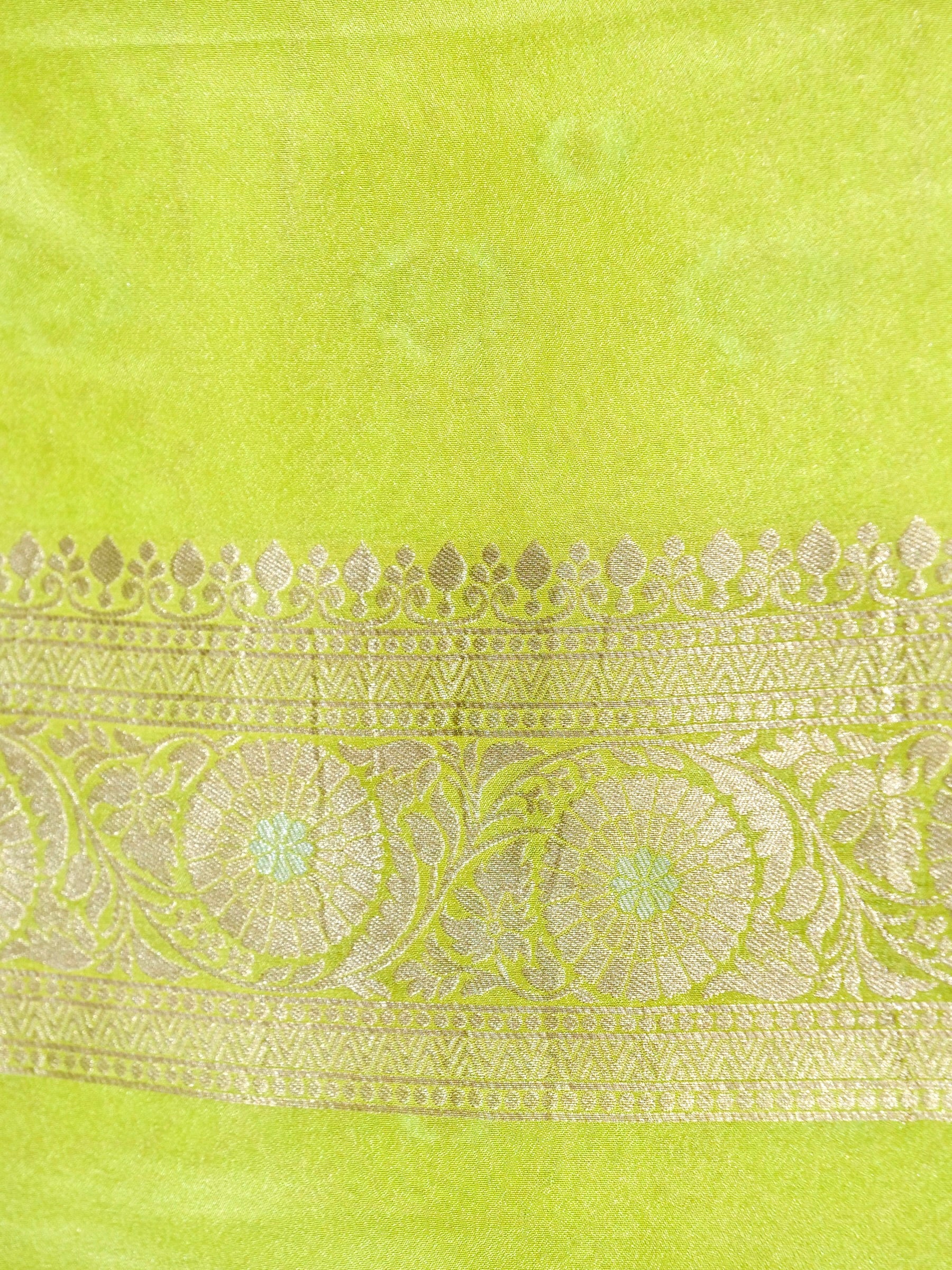 Lime Green Crepe Georgette Silk Saree with Pistachio Green and Champagne Gold Border