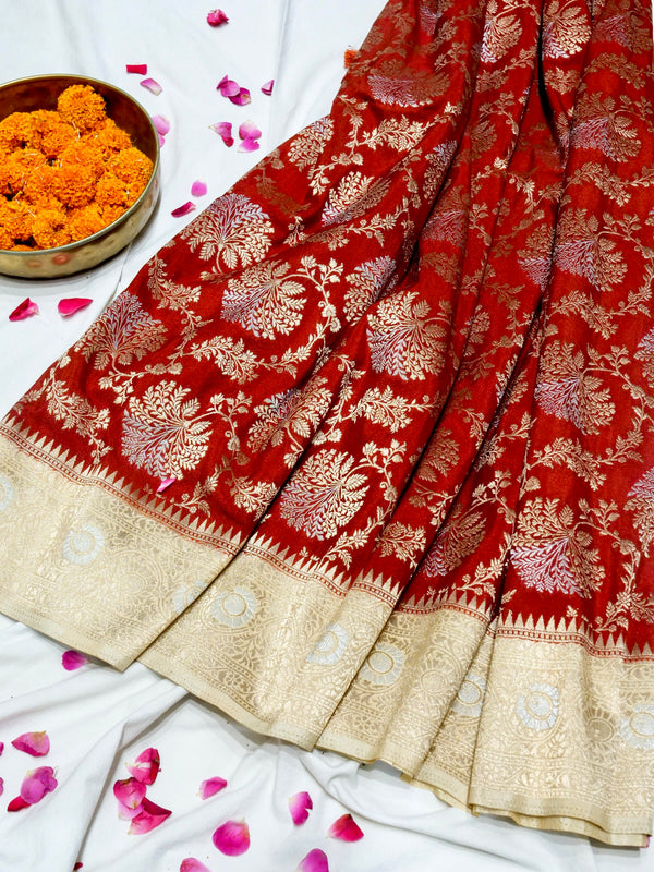 Brick Red Crepe Georgette Silk Saree with Champagne Gold Border