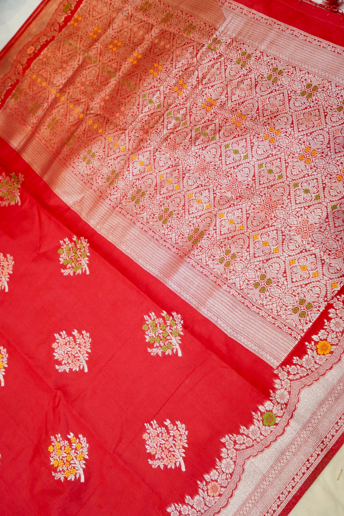 Royal Red Crepe Georgette Silk Saree with Gold Floral Border