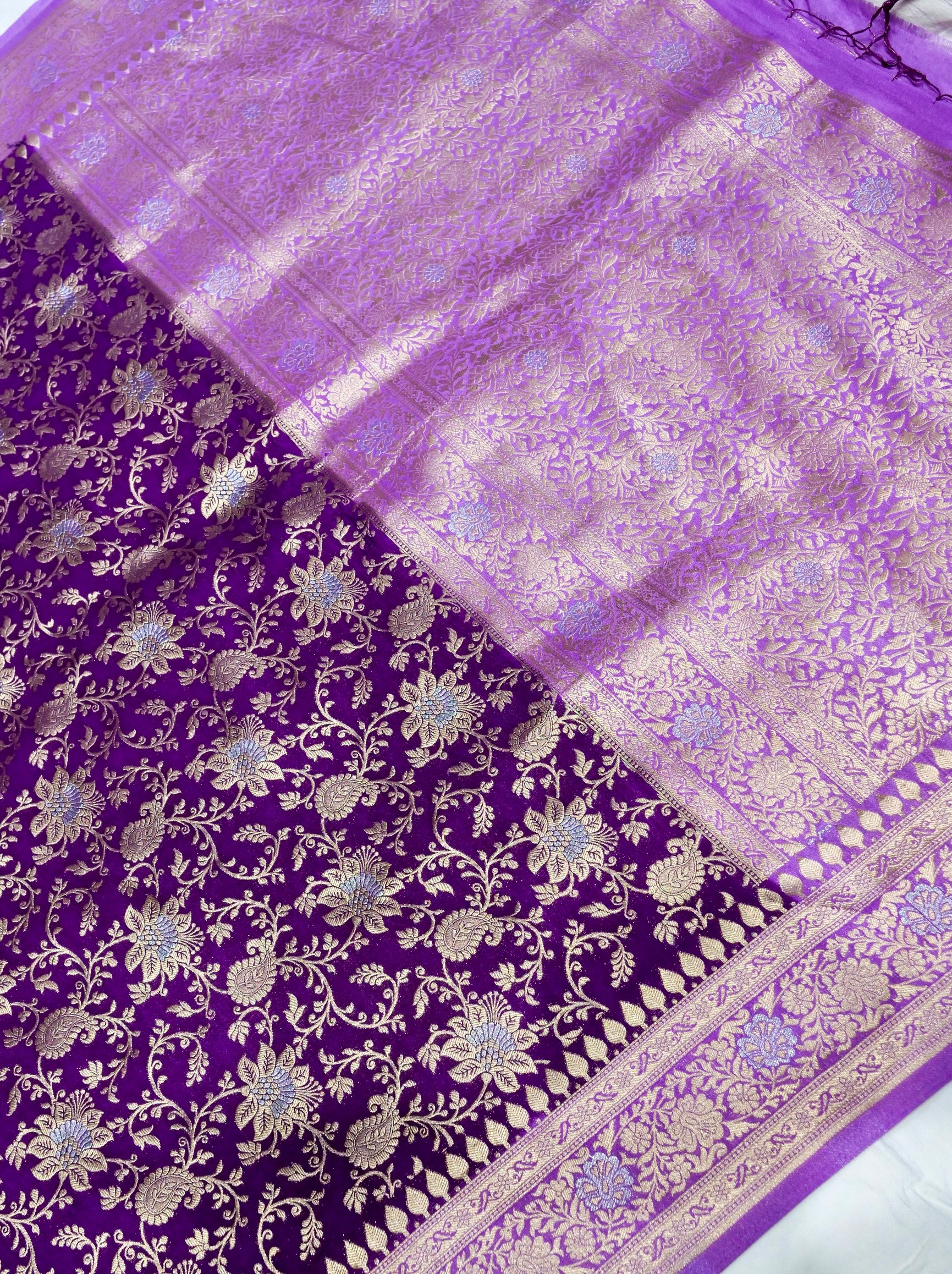 Purple Crepe Georgette Silk Saree with Lavender and Champagne Gold Border