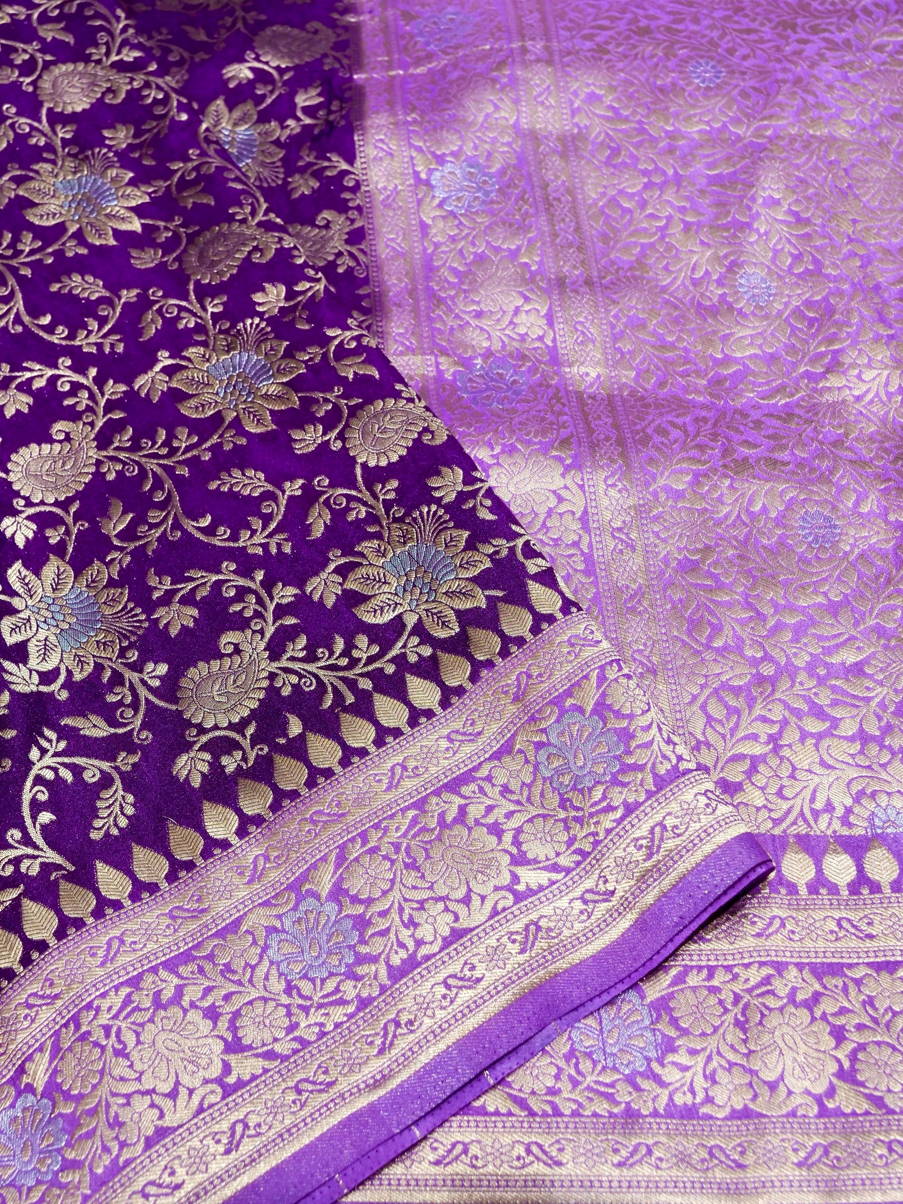 Purple Crepe Georgette Silk Saree with Lavender and Champagne Gold Border