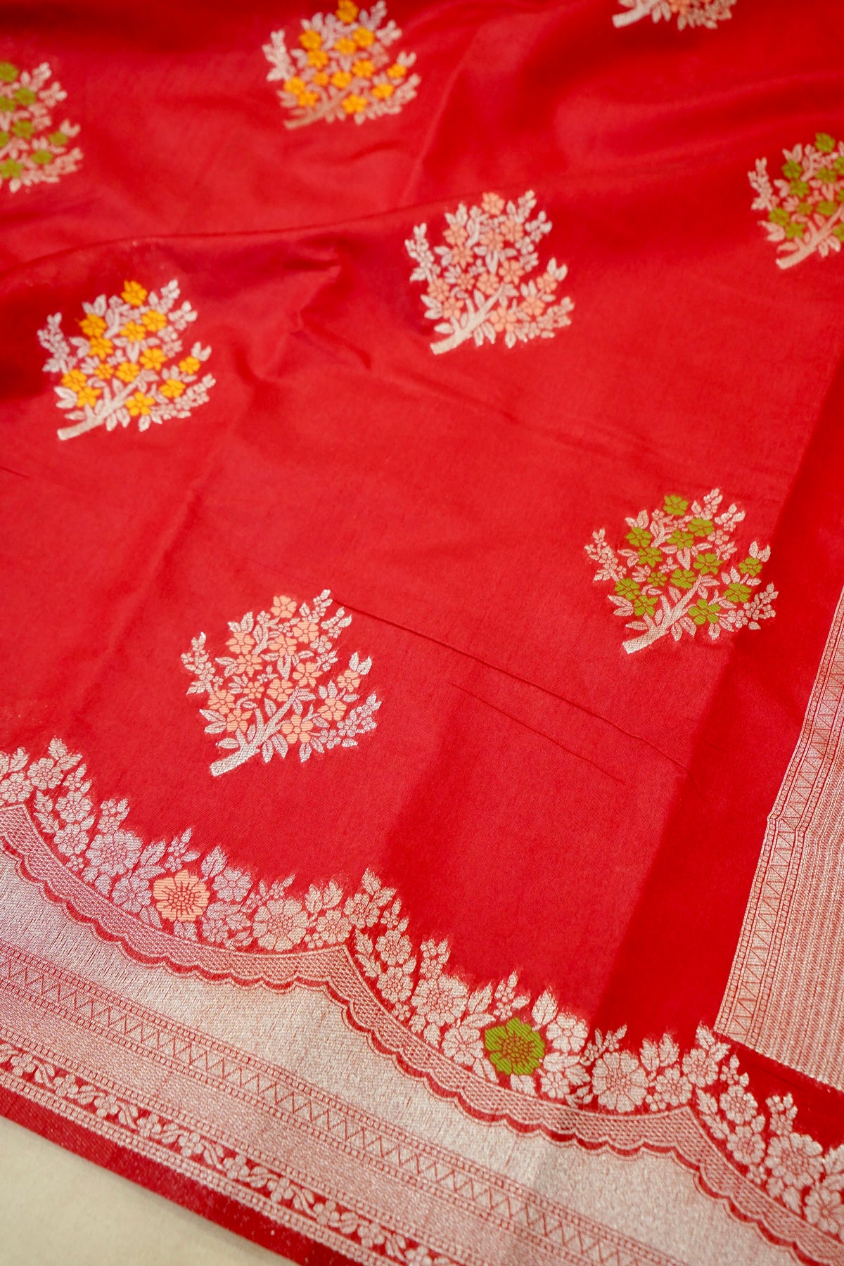 Royal Red Crepe Georgette Silk Saree with Gold Floral Border
