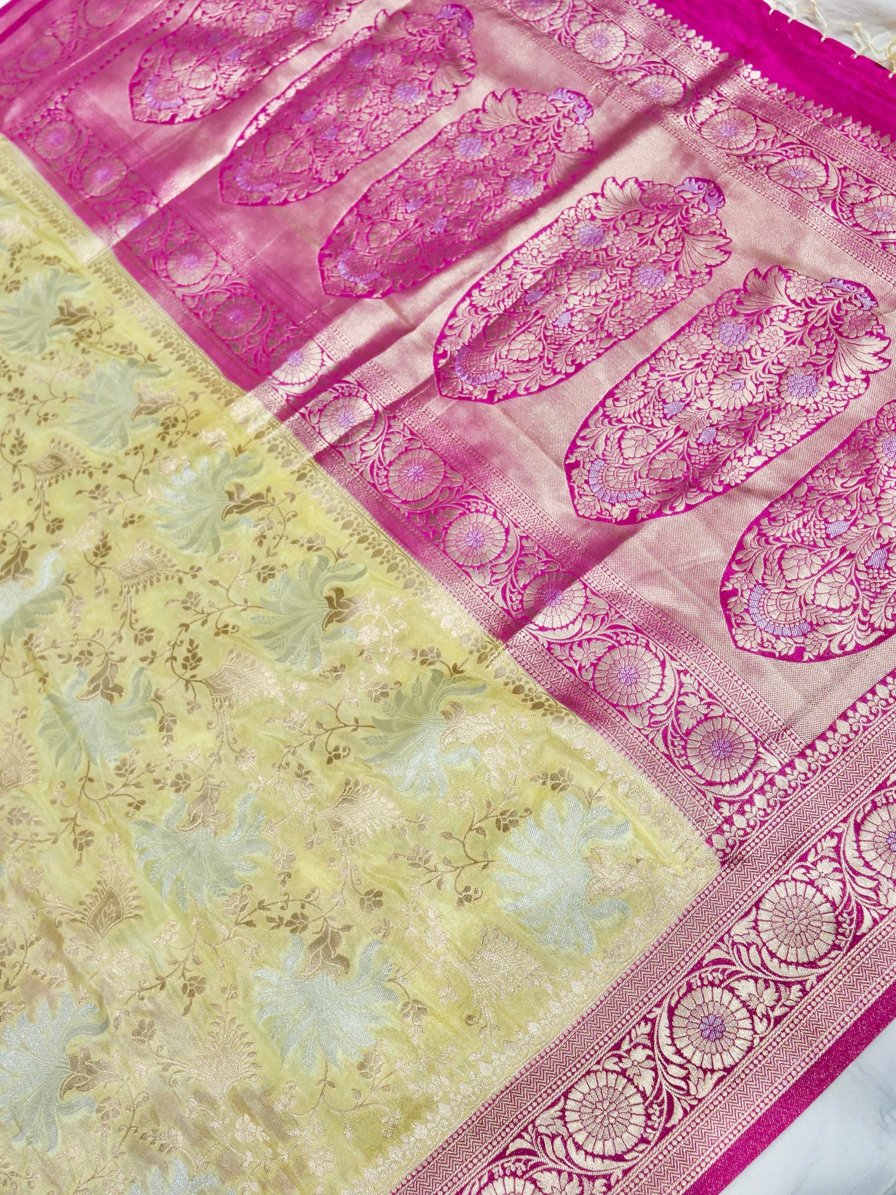 Butter Yellow Crepe Georgette Silk Saree with Pink and Champagne Gold Border