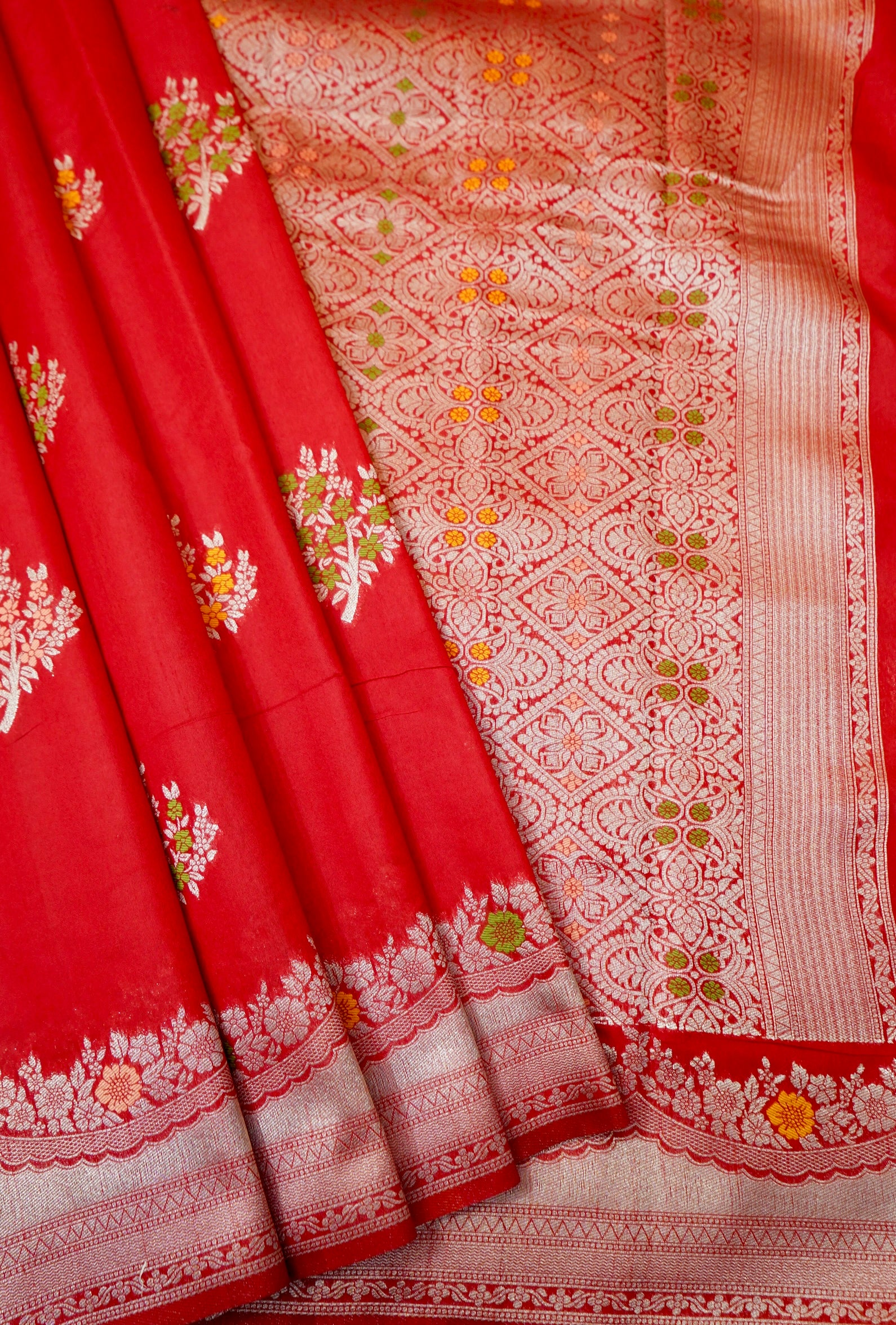 Royal Red Crepe Georgette Silk Saree with Gold Floral Border