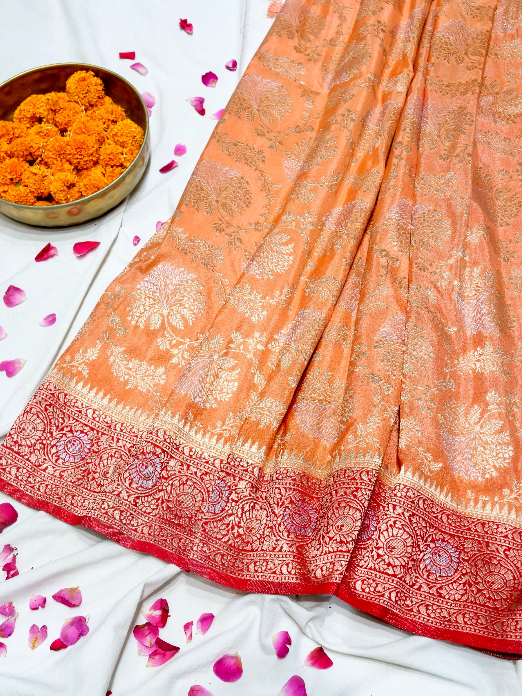 Peach Crepe Georgette Silk Saree with Coral Red Border