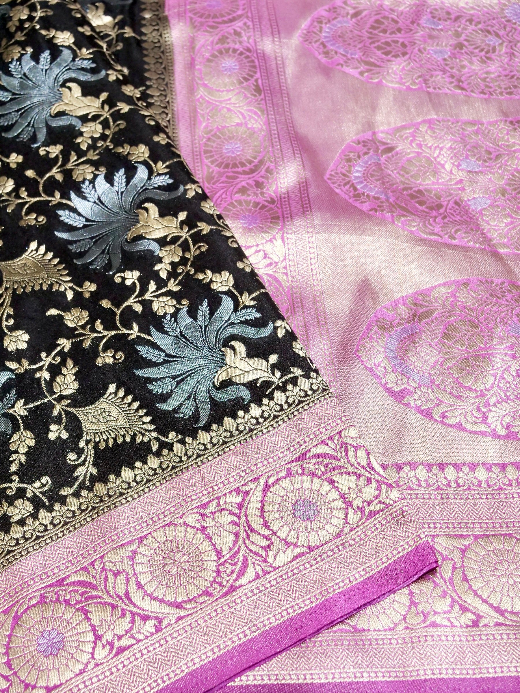Jet Black Crepe Georgette Silk Saree with Pink Border and Gold - Silver Weave