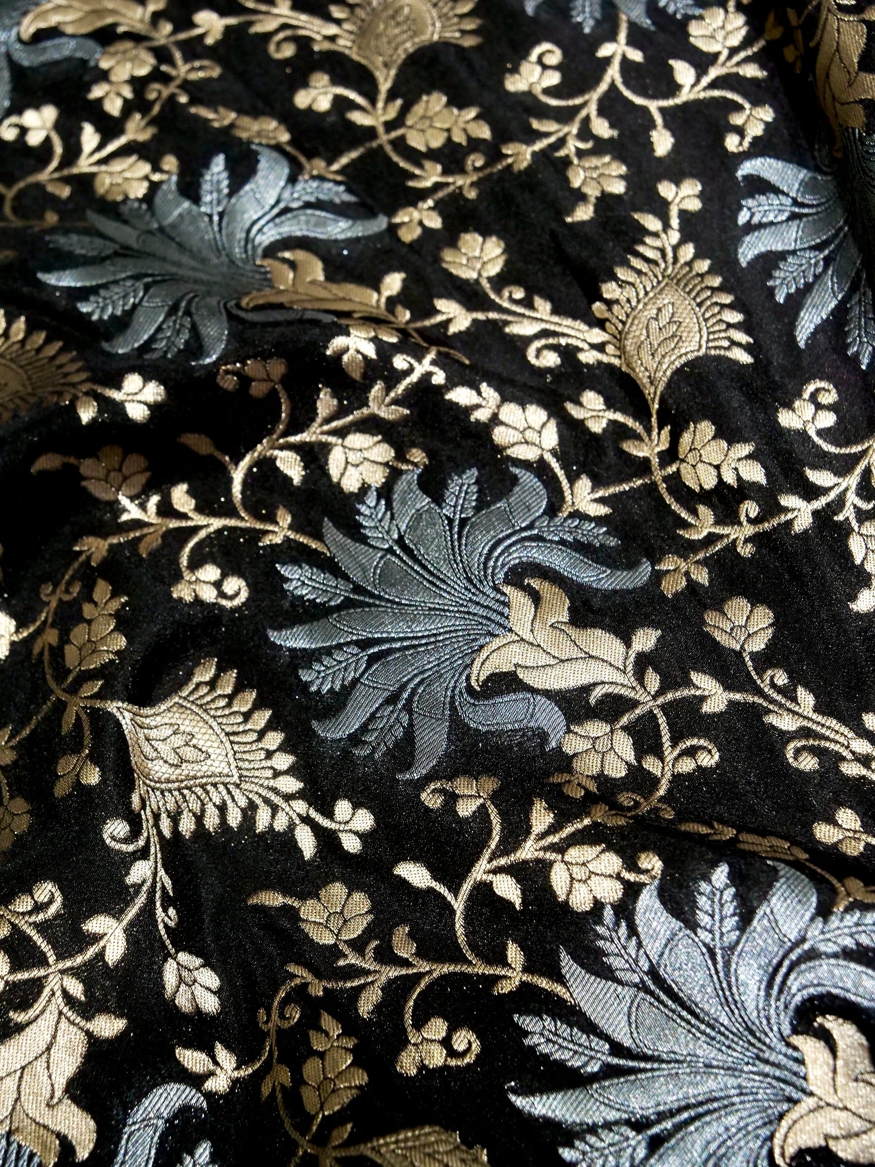 Jet Black Crepe Georgette Silk Saree with Pink Border and Gold - Silver Weave