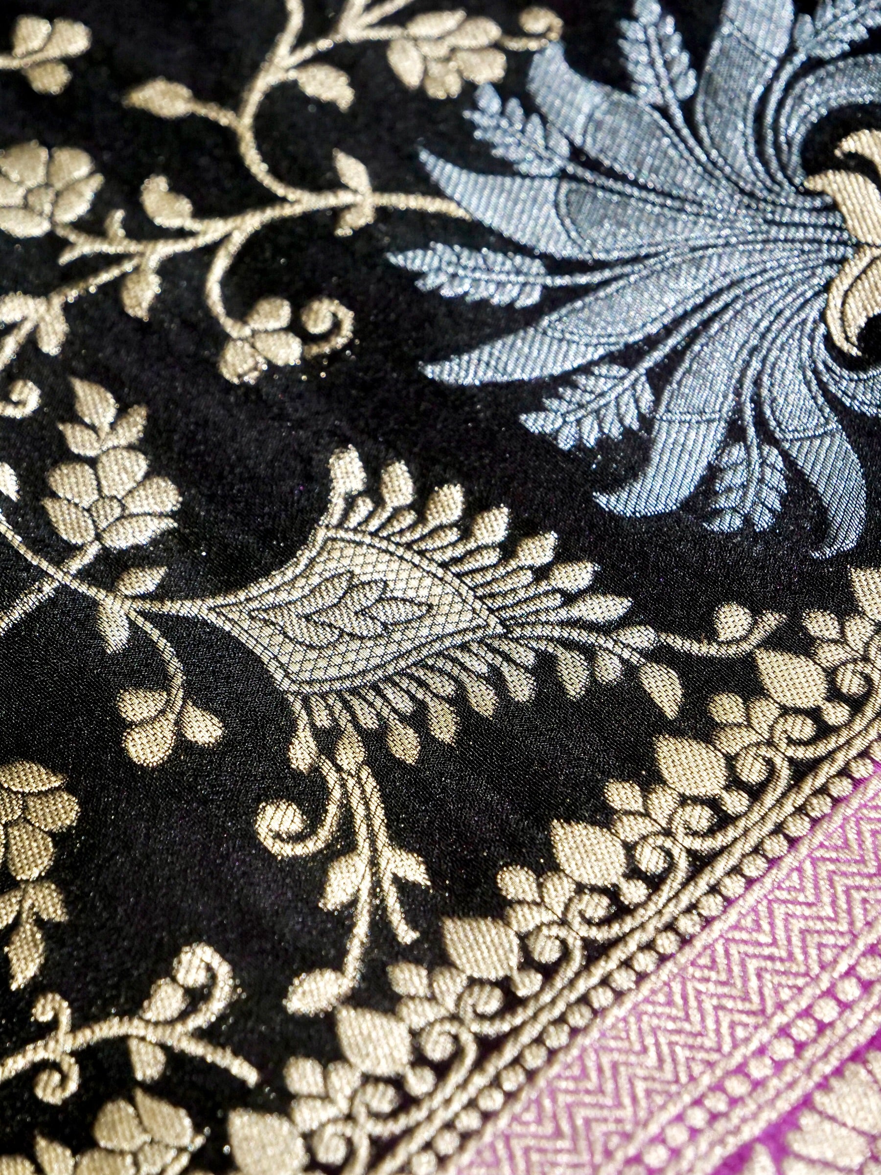 Jet Black Crepe Georgette Silk Saree with Pink Border and Gold - Silver Weave