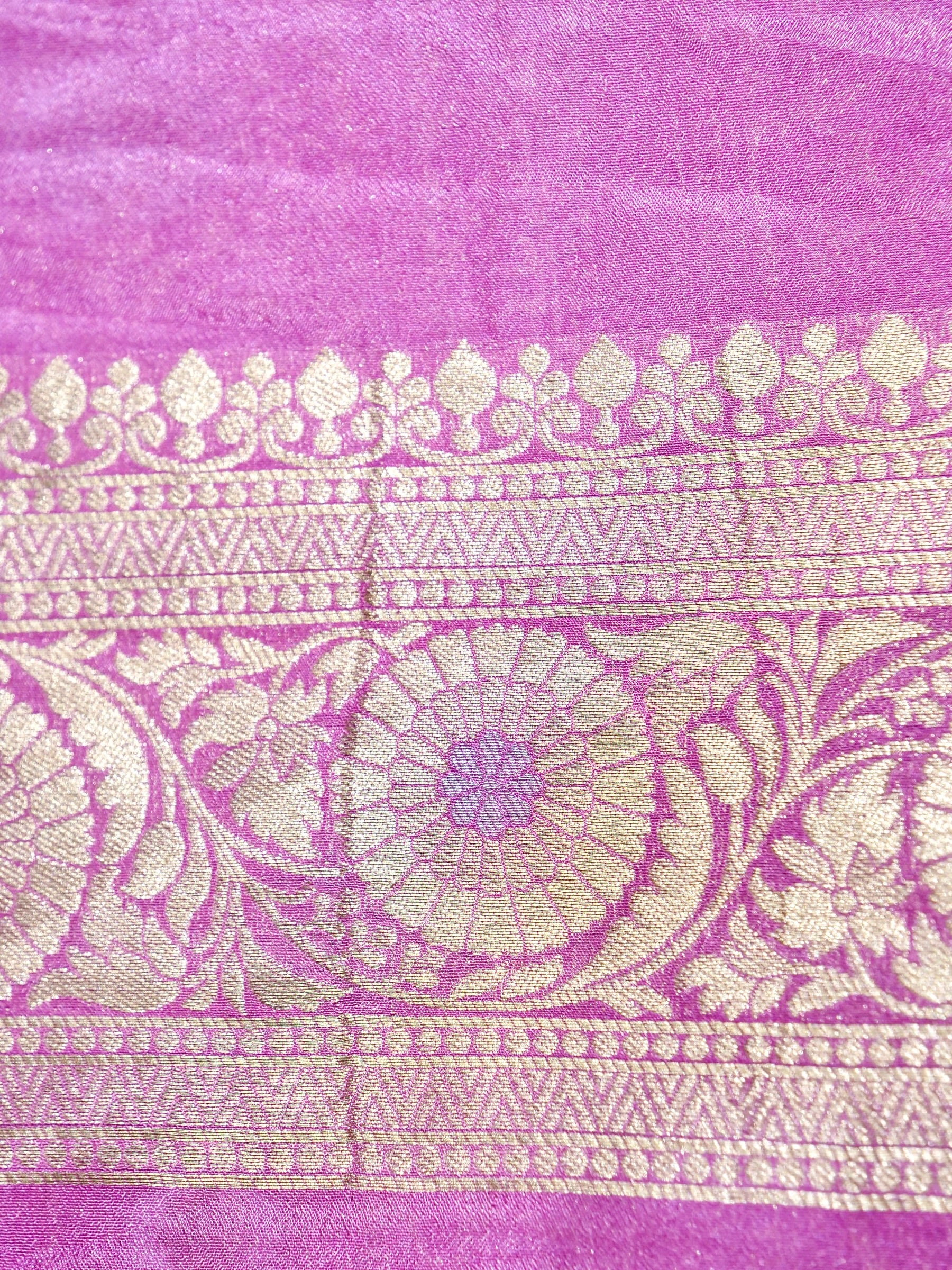 Jet Black Crepe Georgette Silk Saree with Pink Border and Gold - Silver Weave