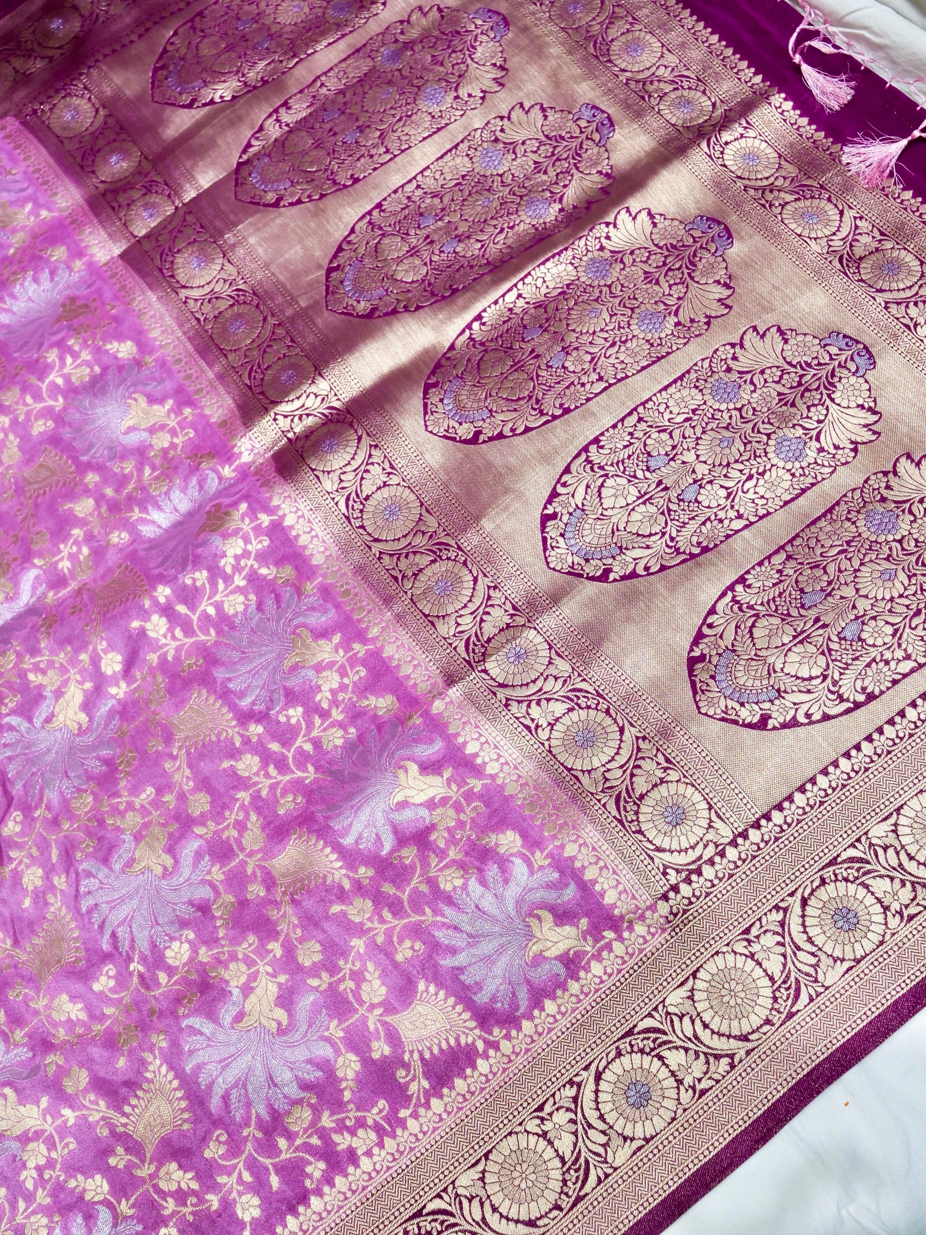 Lavender Pink Crepe Georgette Silk Saree with Purple and Champagne Gold Border